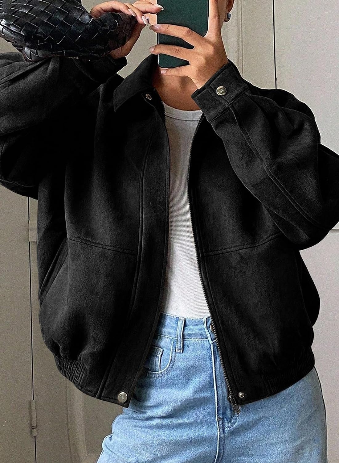 image:imageSHEWIN Womens Faux Suede Bomber Jacket Oversized Zip Up Cropped CoatBlack