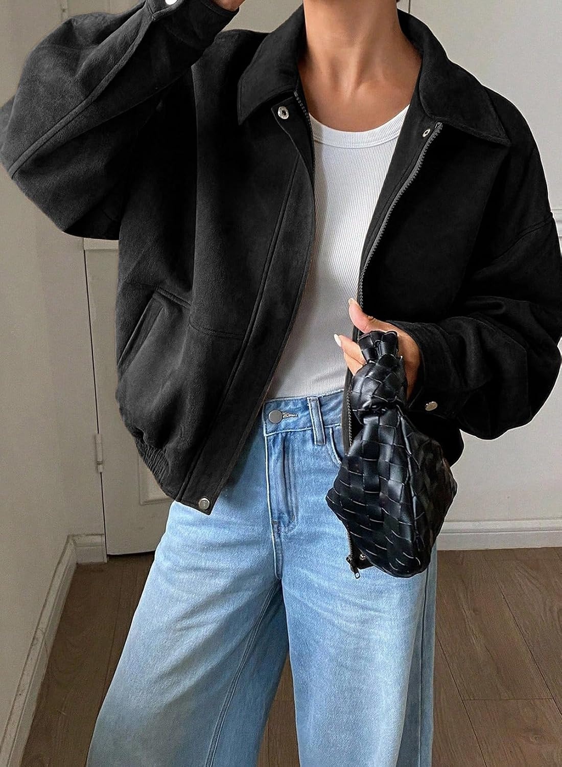 image:imageSHEWIN Womens Faux Suede Bomber Jacket Oversized Zip Up Cropped CoatBlack
