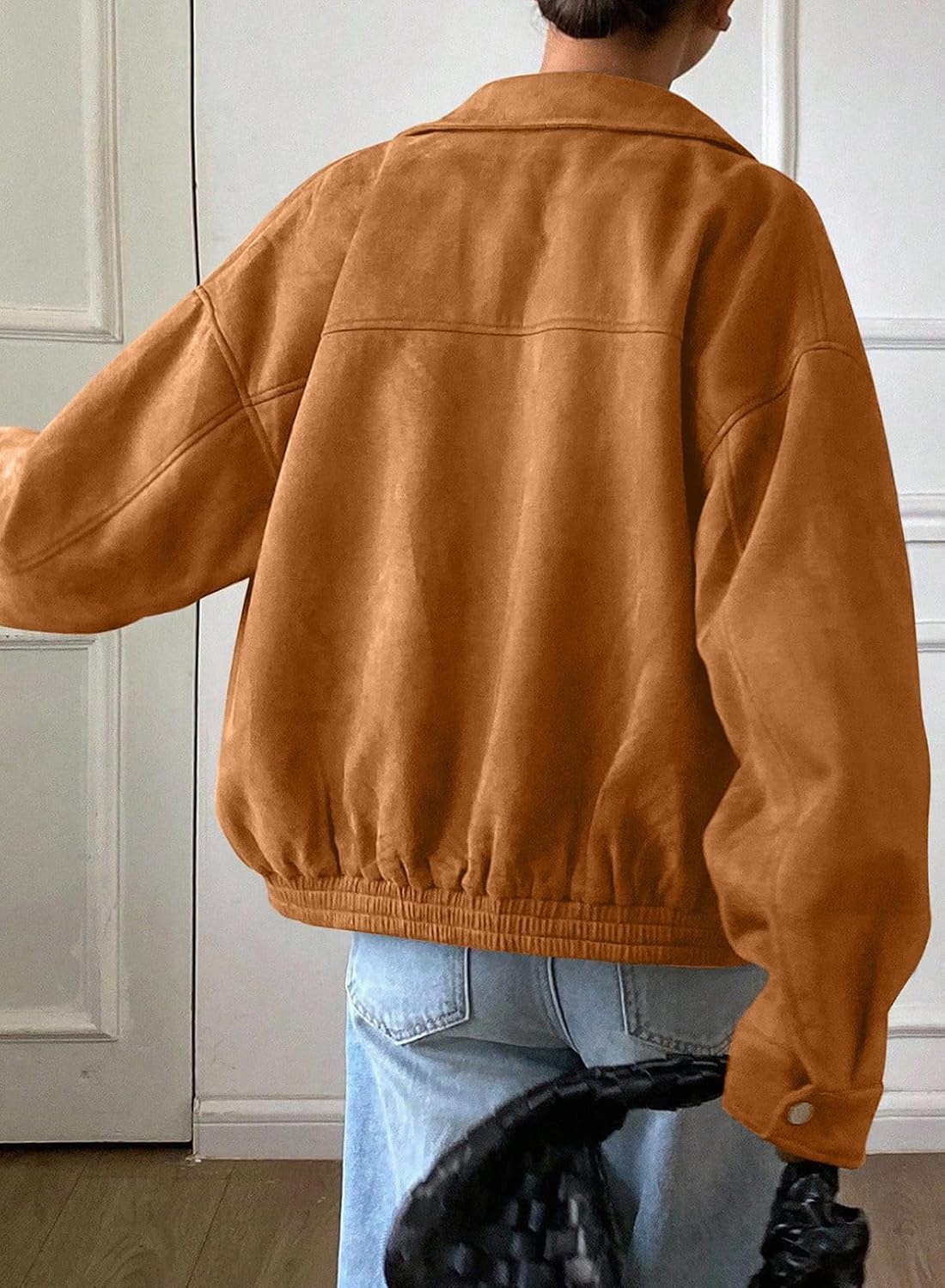 image:imageSHEWIN Womens Faux Suede Bomber Jacket Oversized Zip Up Cropped CoatCinnamon