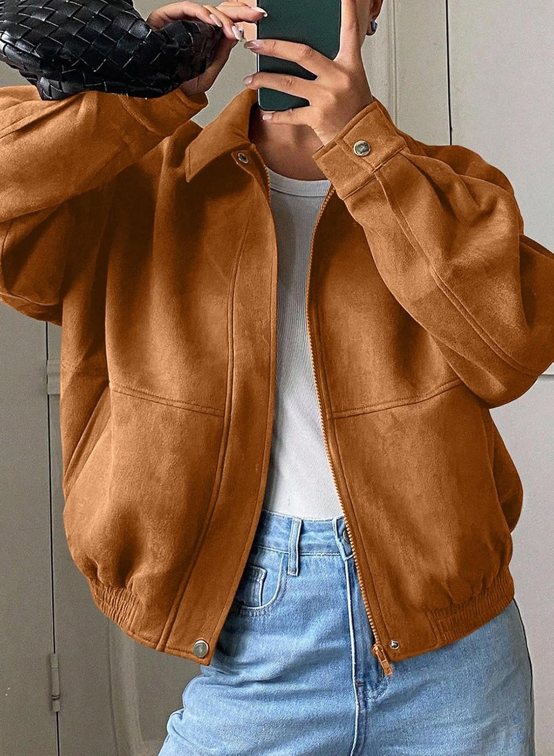 image:imageSHEWIN Womens Faux Suede Bomber Jacket Oversized Zip Up Cropped CoatCinnamon