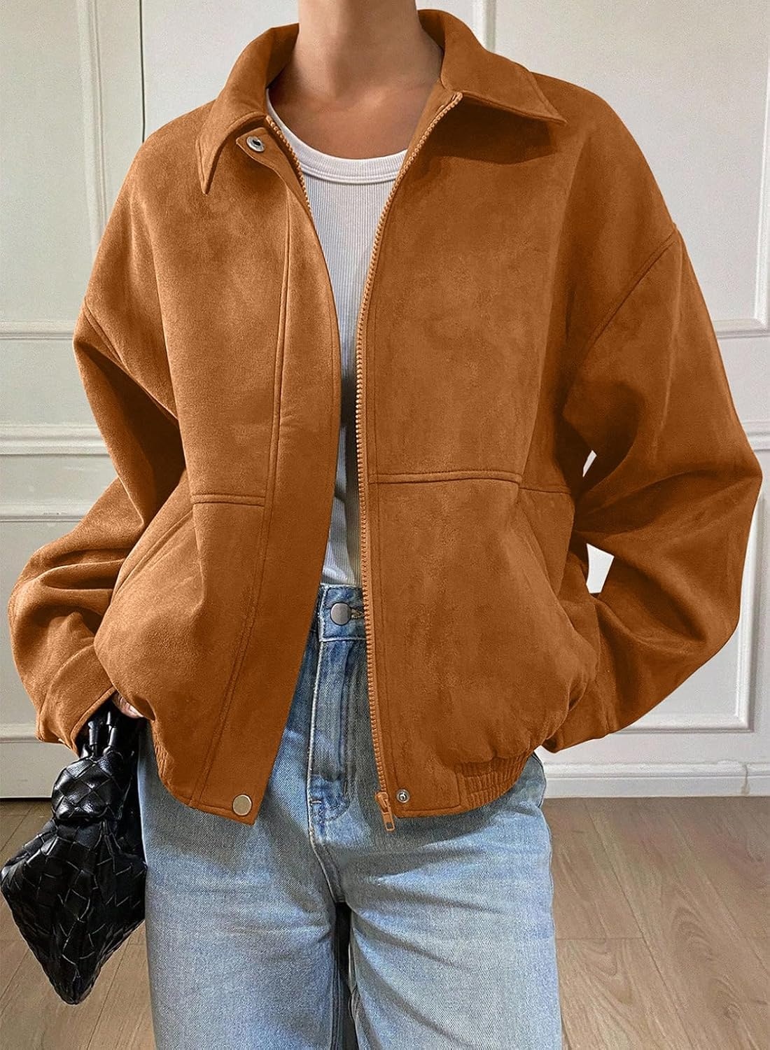 image:imageSHEWIN Womens Faux Suede Bomber Jacket Oversized Zip Up Cropped CoatCinnamon