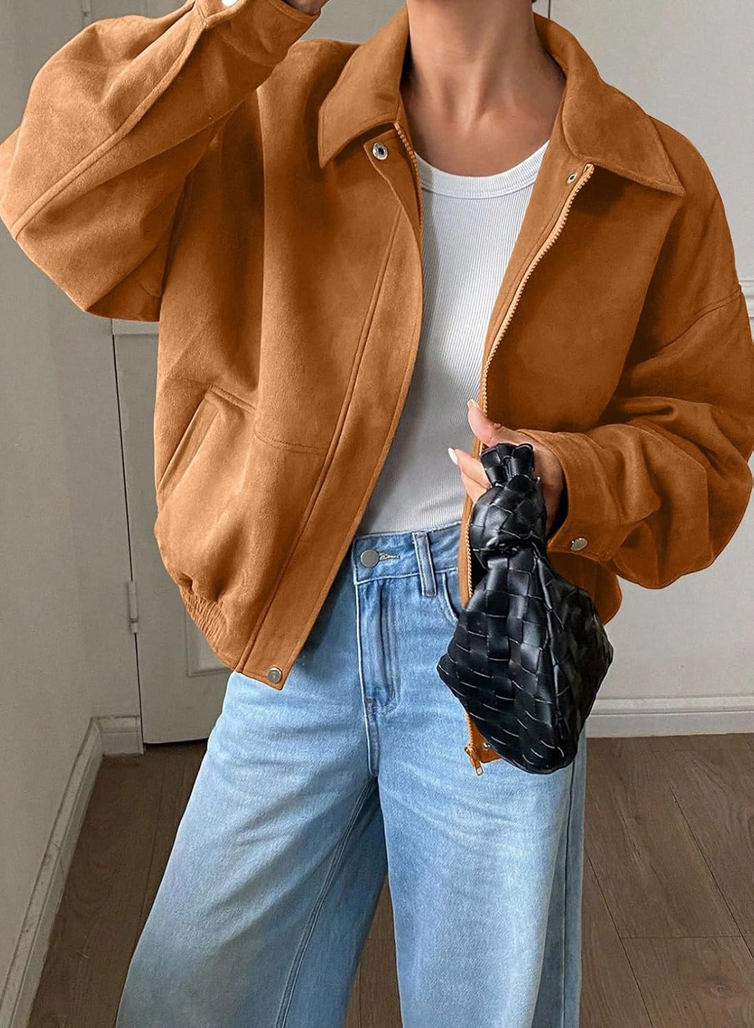 image:imageSHEWIN Womens Faux Suede Bomber Jacket Oversized Zip Up Cropped CoatCinnamon