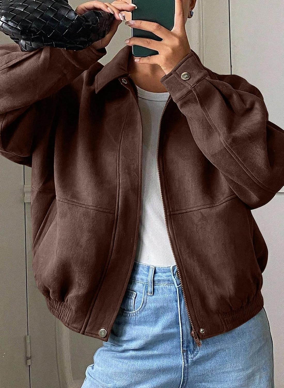 image:imageSHEWIN Womens Faux Suede Bomber Jacket Oversized Zip Up Cropped CoatCoffee