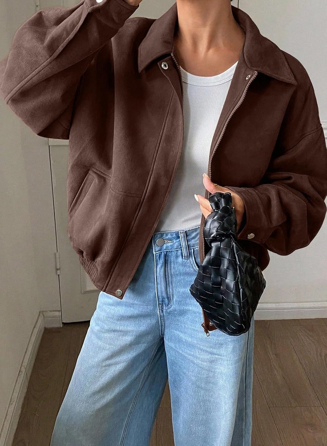 image:imageSHEWIN Womens Faux Suede Bomber Jacket Oversized Zip Up Cropped CoatCoffee