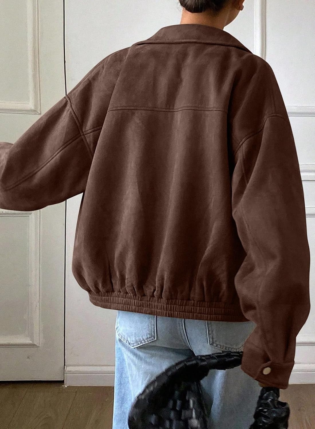 image:imageSHEWIN Womens Faux Suede Bomber Jacket Oversized Zip Up Cropped CoatCoffee