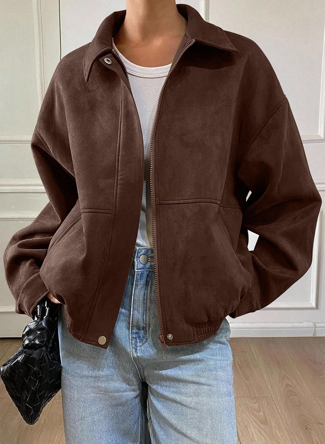 image:imageSHEWIN Womens Faux Suede Bomber Jacket Oversized Zip Up Cropped CoatCoffee