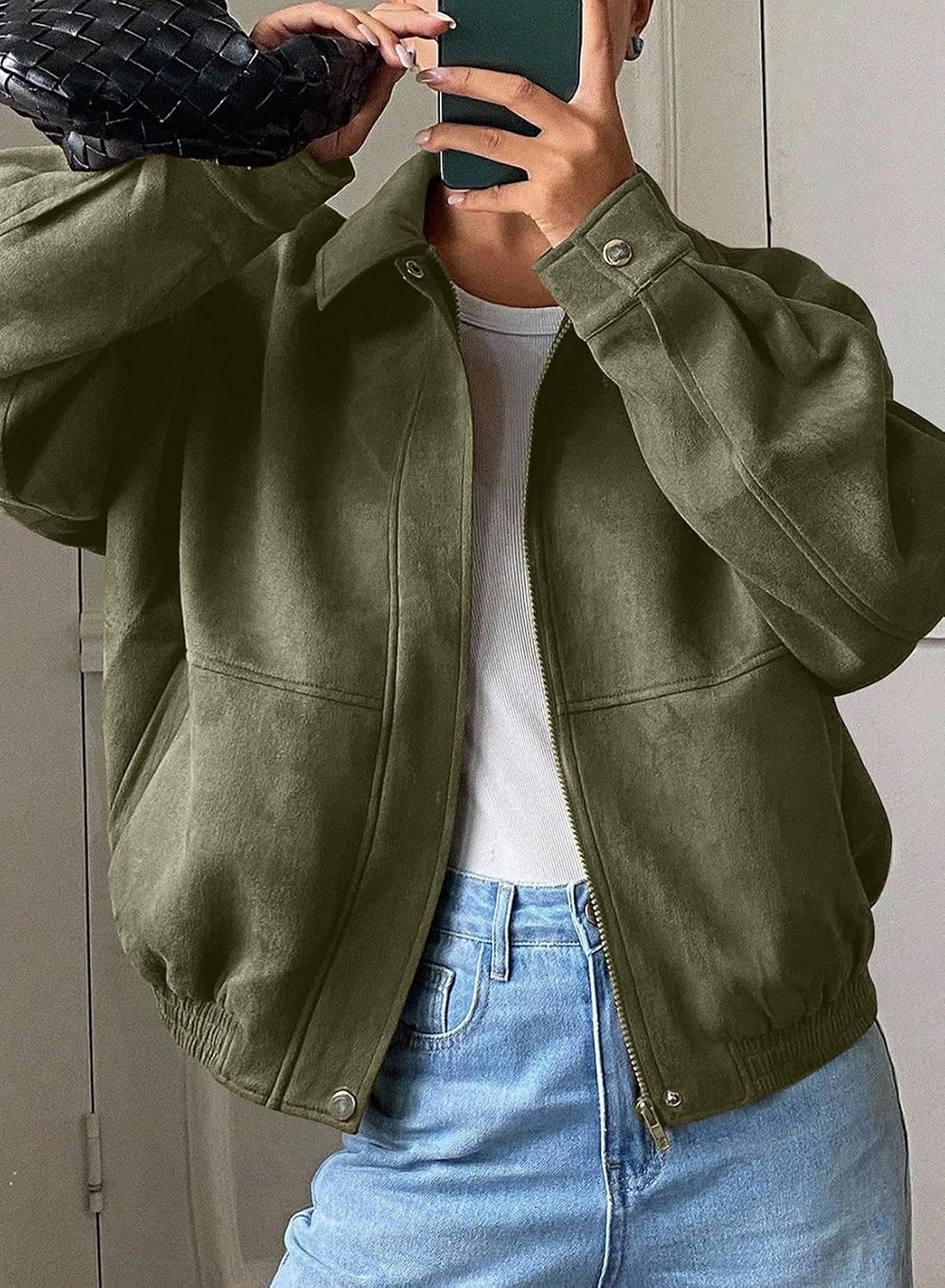 image:imageSHEWIN Womens Faux Suede Bomber Jacket Oversized Zip Up Cropped CoatForest Green