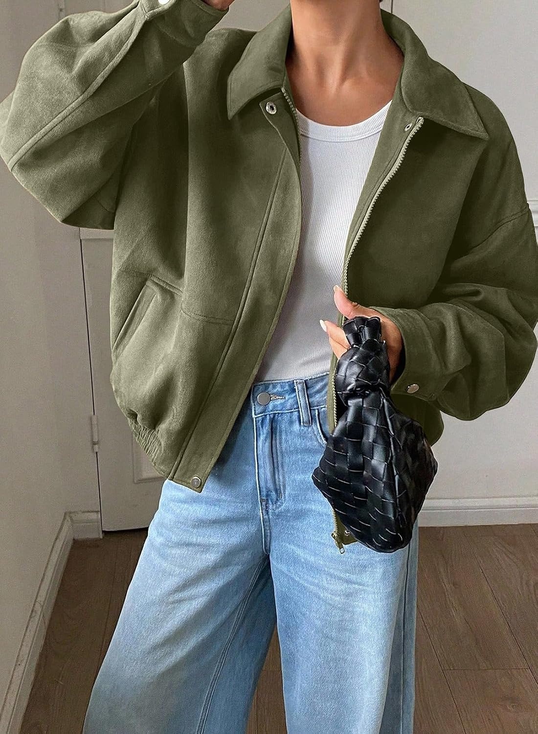 image:imageSHEWIN Womens Faux Suede Bomber Jacket Oversized Zip Up Cropped CoatForest Green