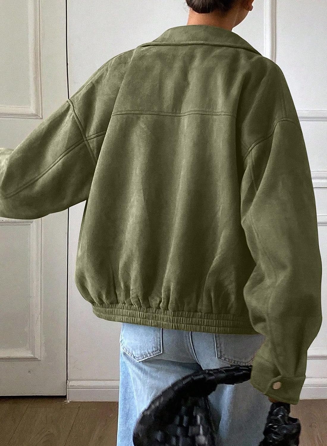 image:imageSHEWIN Womens Faux Suede Bomber Jacket Oversized Zip Up Cropped CoatForest Green