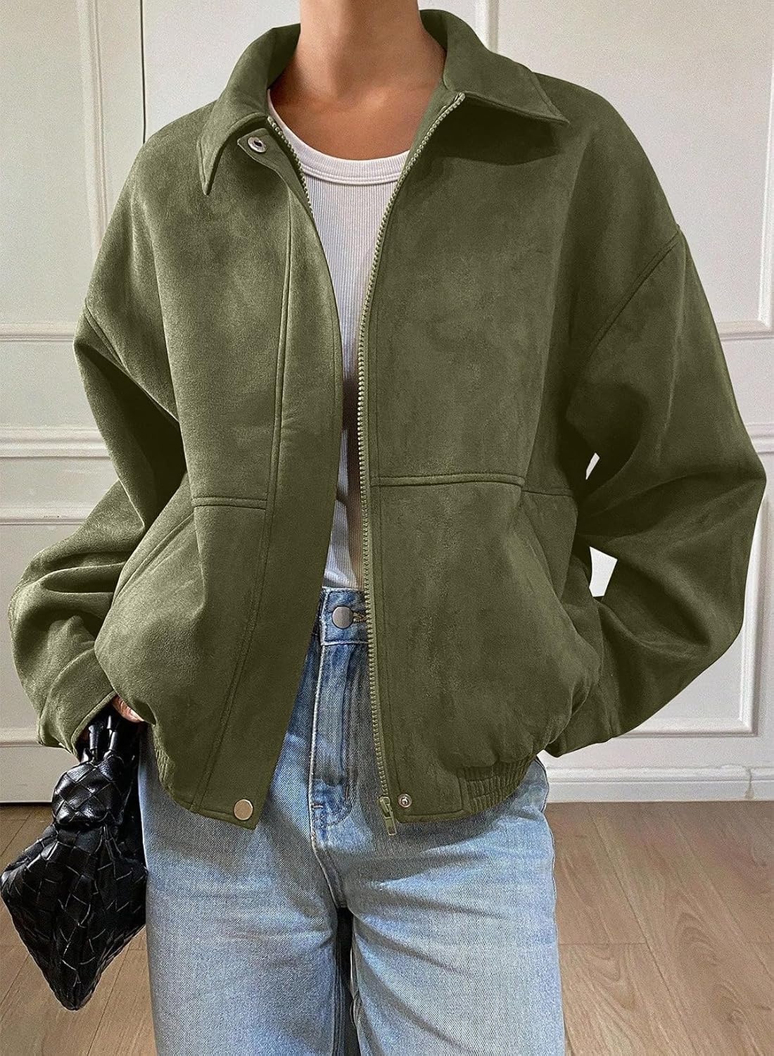 image:imageSHEWIN Womens Faux Suede Bomber Jacket Oversized Zip Up Cropped CoatForest Green