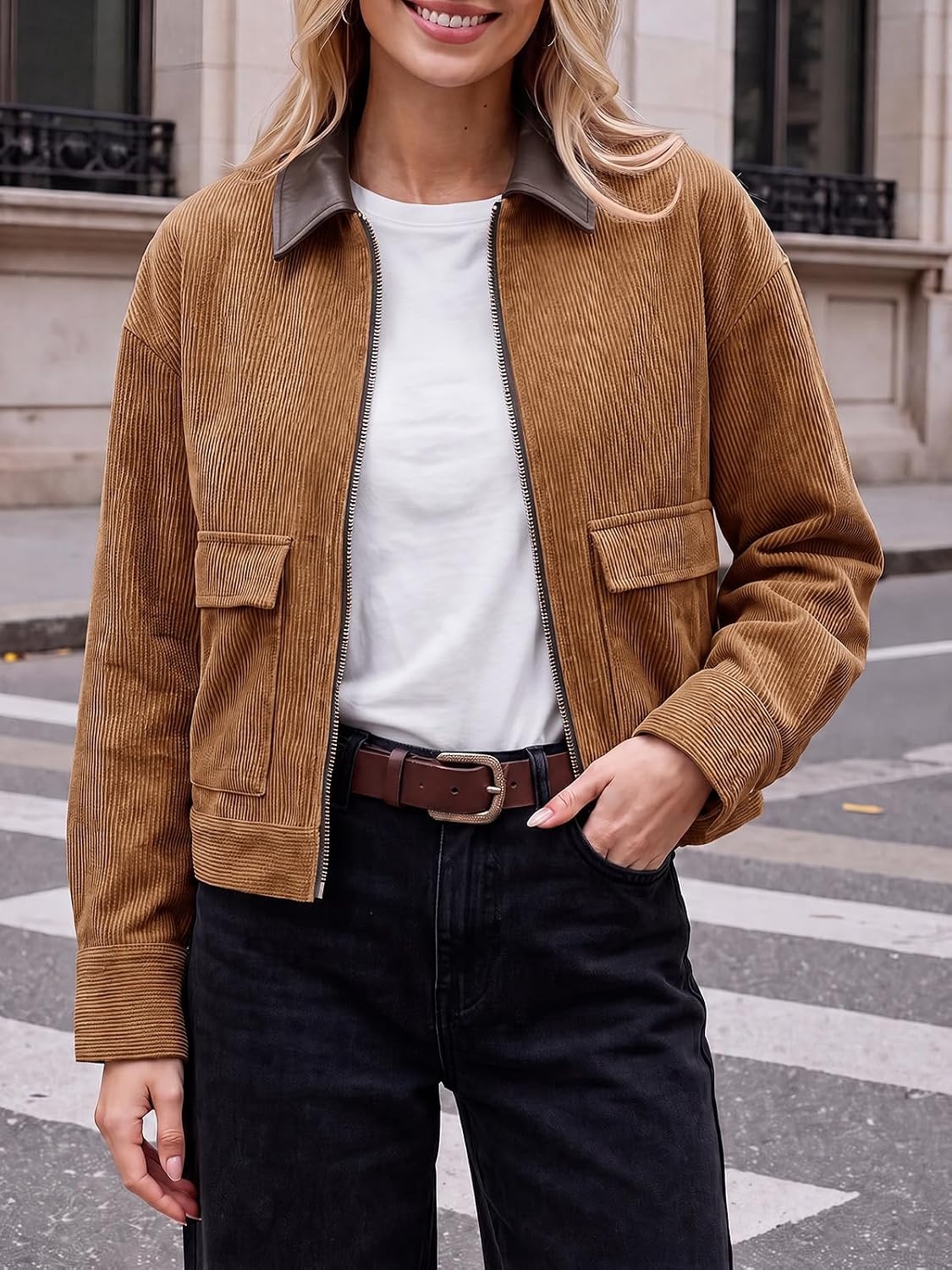 image:imageTankaneo Womens Cropped Corduroy Jackets Oversized Zip Up Barn Bomber CoatBrown