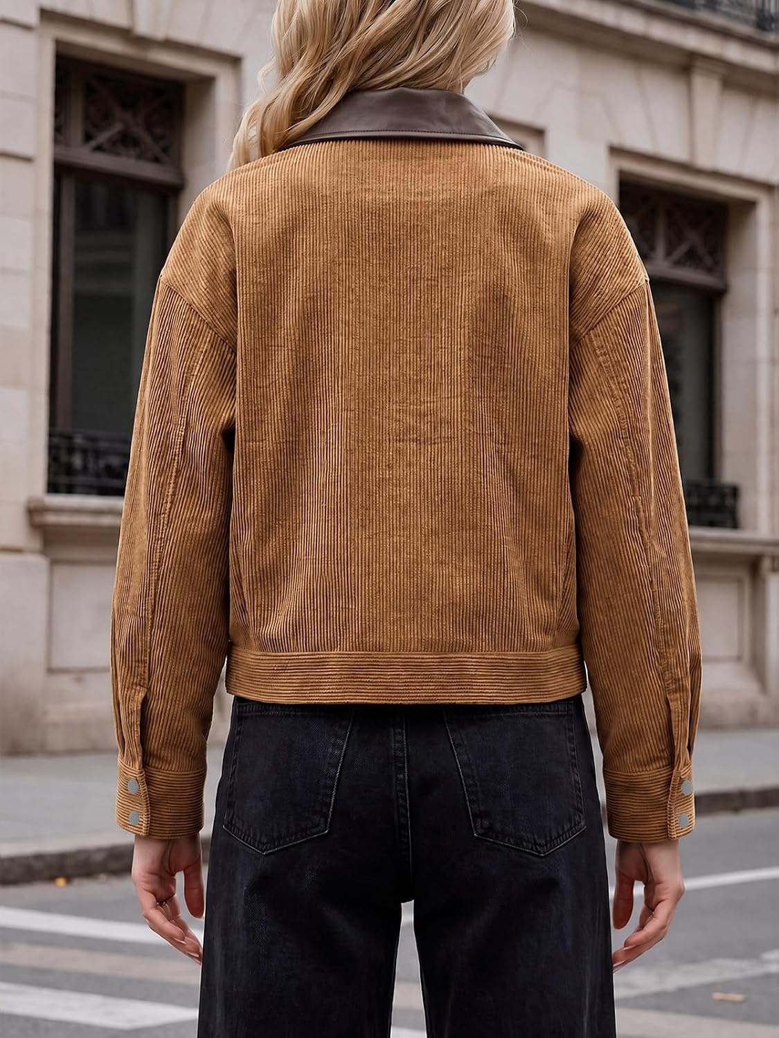image:imageTankaneo Womens Cropped Corduroy Jackets Oversized Zip Up Barn Bomber CoatBrown