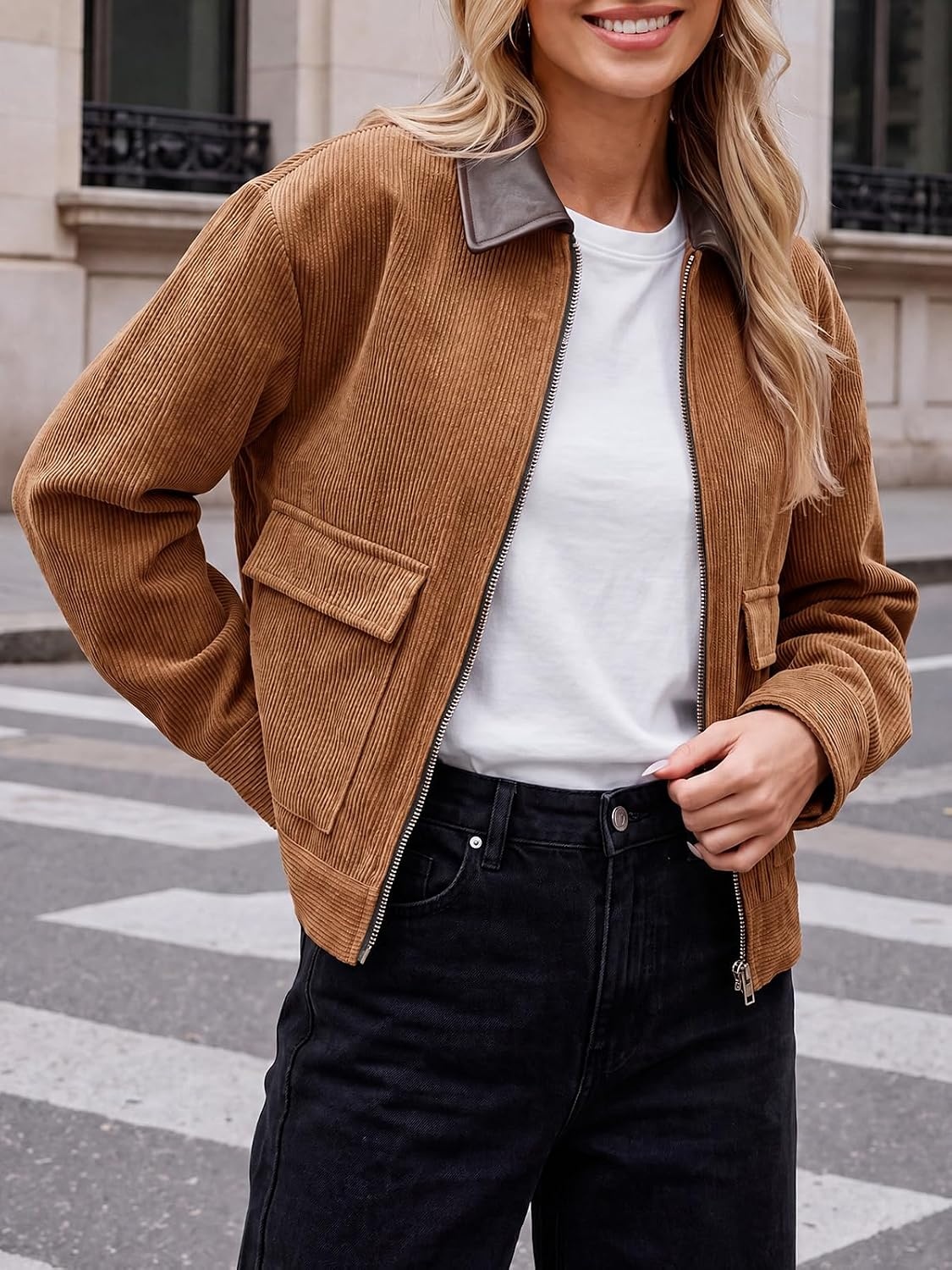 image:imageTankaneo Womens Cropped Corduroy Jackets Oversized Zip Up Barn Bomber CoatBrown