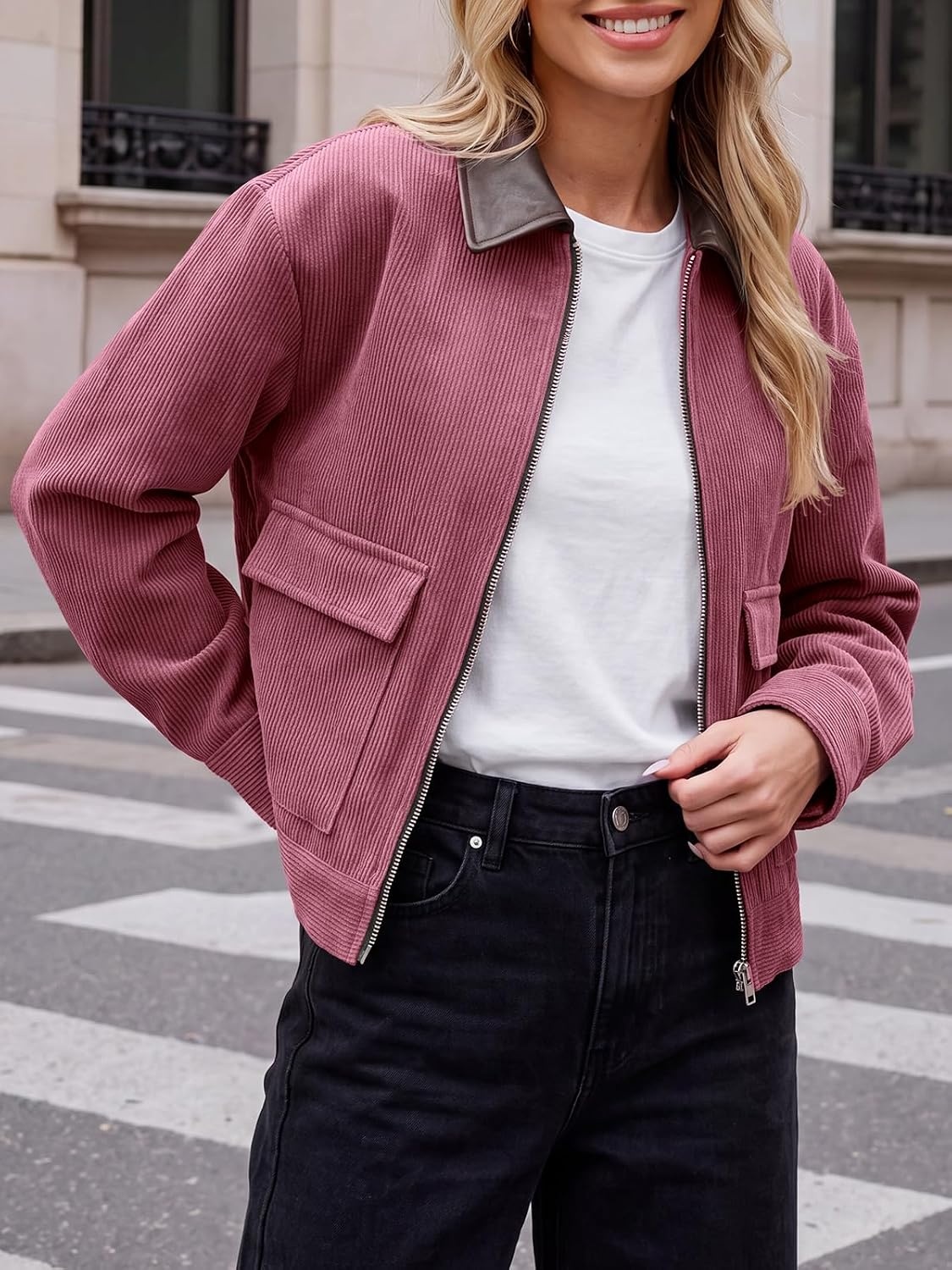 image:imageTankaneo Womens Cropped Corduroy Jackets Oversized Zip Up Barn Bomber CoatPink
