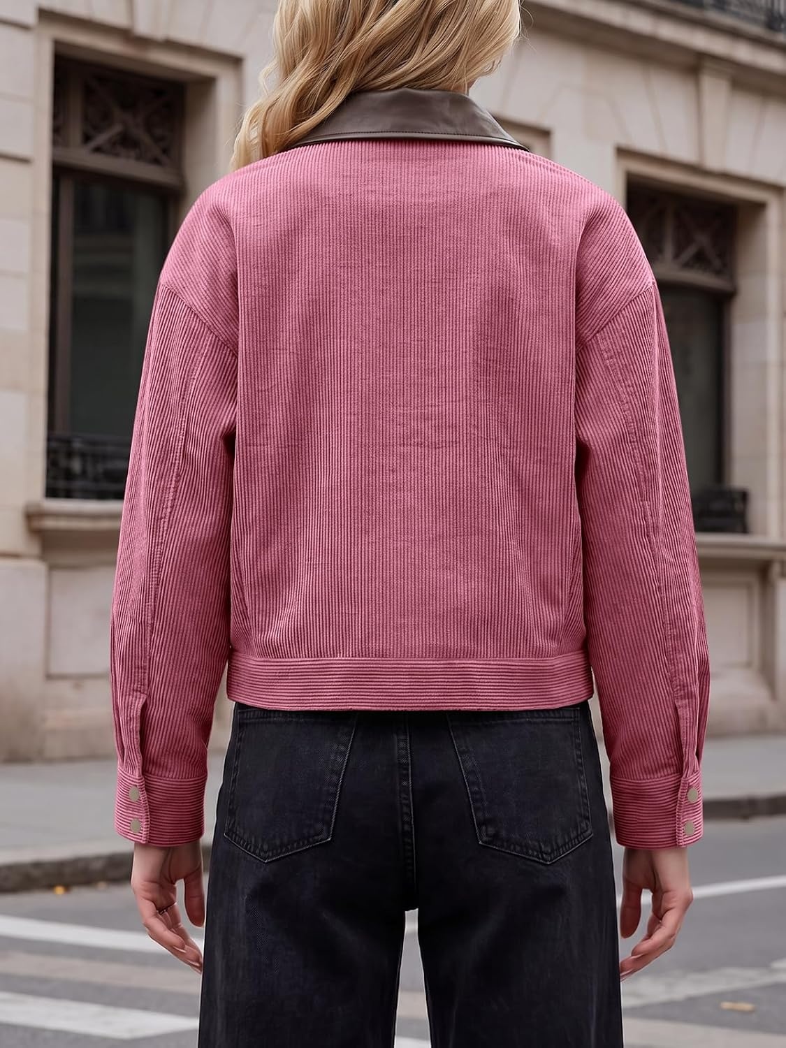 image:imageTankaneo Womens Cropped Corduroy Jackets Oversized Zip Up Barn Bomber CoatPink