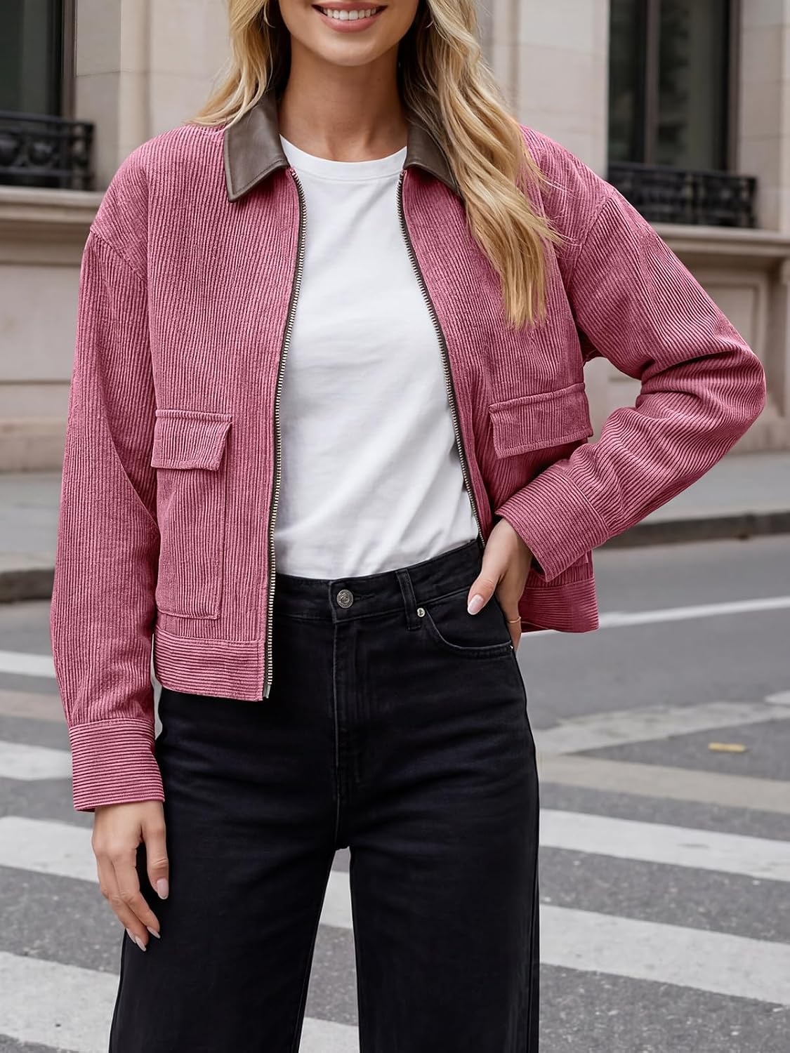 image:imageTankaneo Womens Cropped Corduroy Jackets Oversized Zip Up Barn Bomber CoatPink