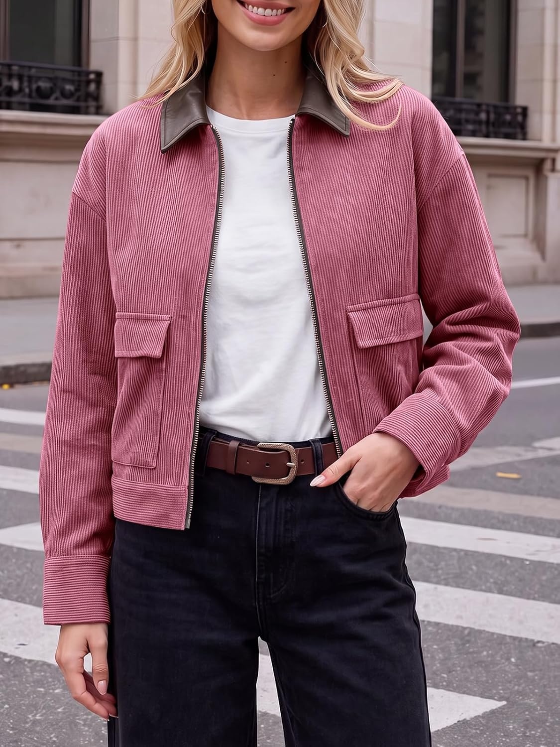 image:imageTankaneo Womens Cropped Corduroy Jackets Oversized Zip Up Barn Bomber CoatPink