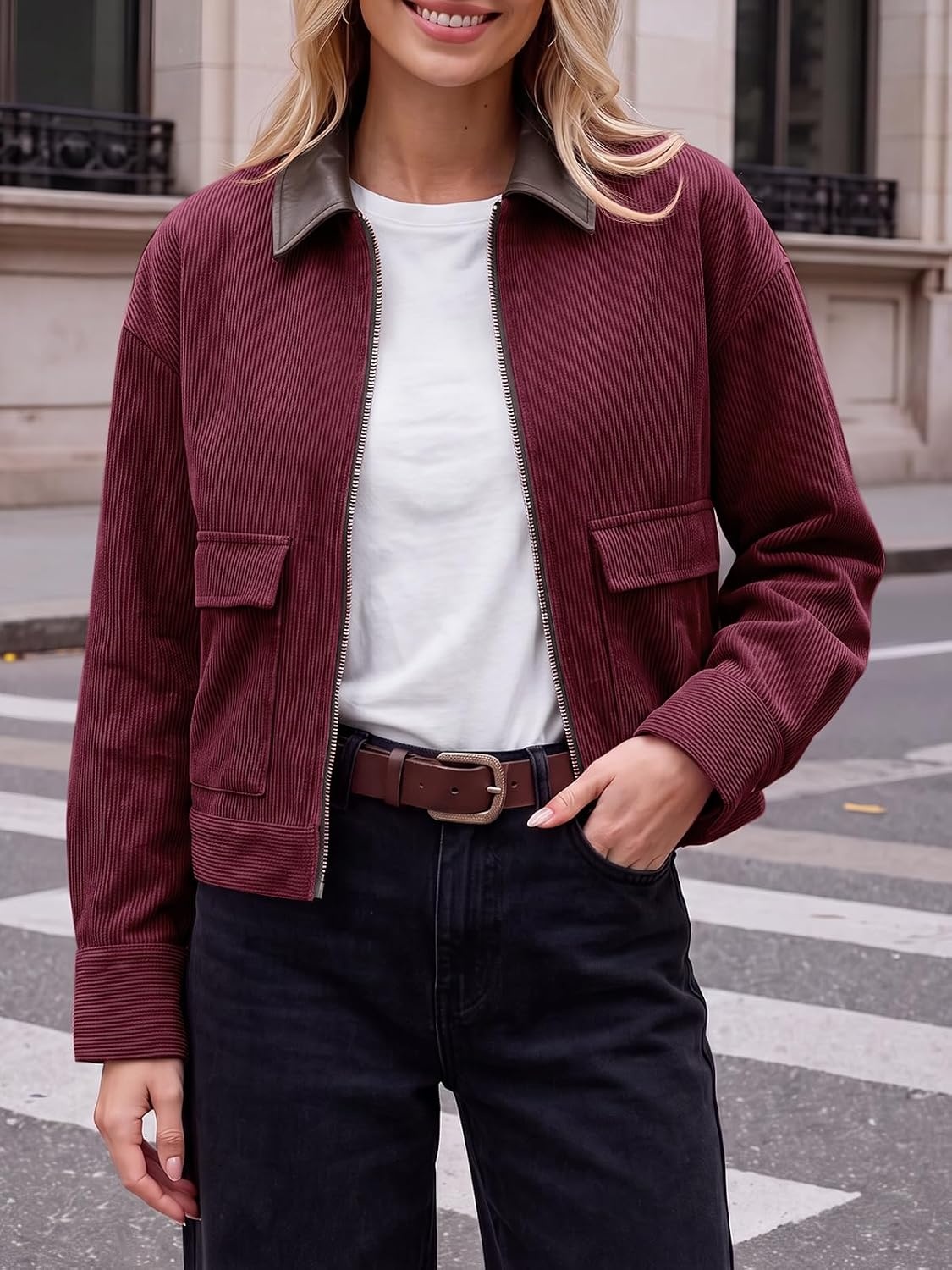 image:imageTankaneo Womens Cropped Corduroy Jackets Oversized Zip Up Barn Bomber CoatWine Red