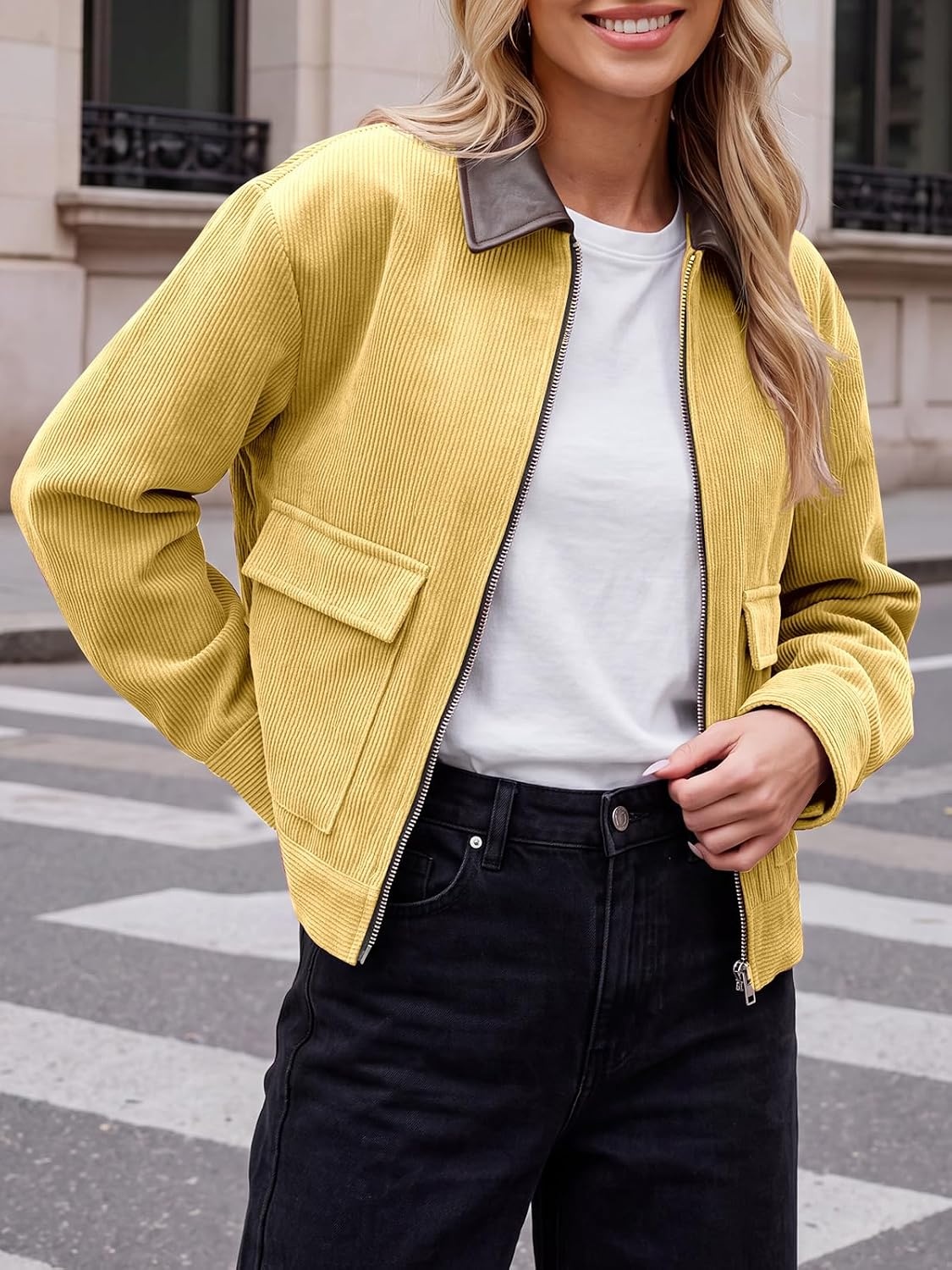 image:imageTankaneo Womens Cropped Corduroy Jackets Oversized Zip Up Barn Bomber CoatYellow