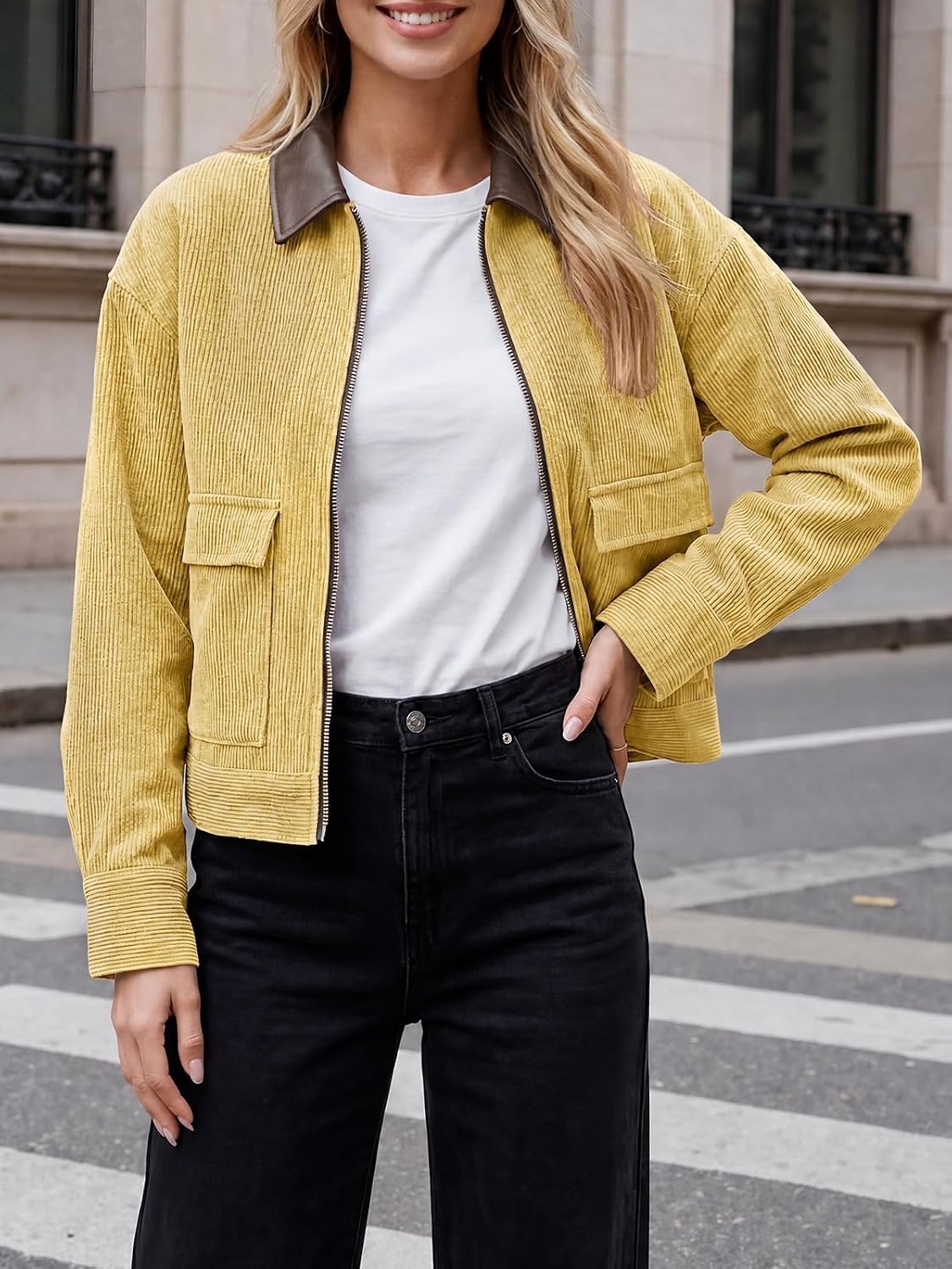 image:imageTankaneo Womens Cropped Corduroy Jackets Oversized Zip Up Barn Bomber CoatYellow