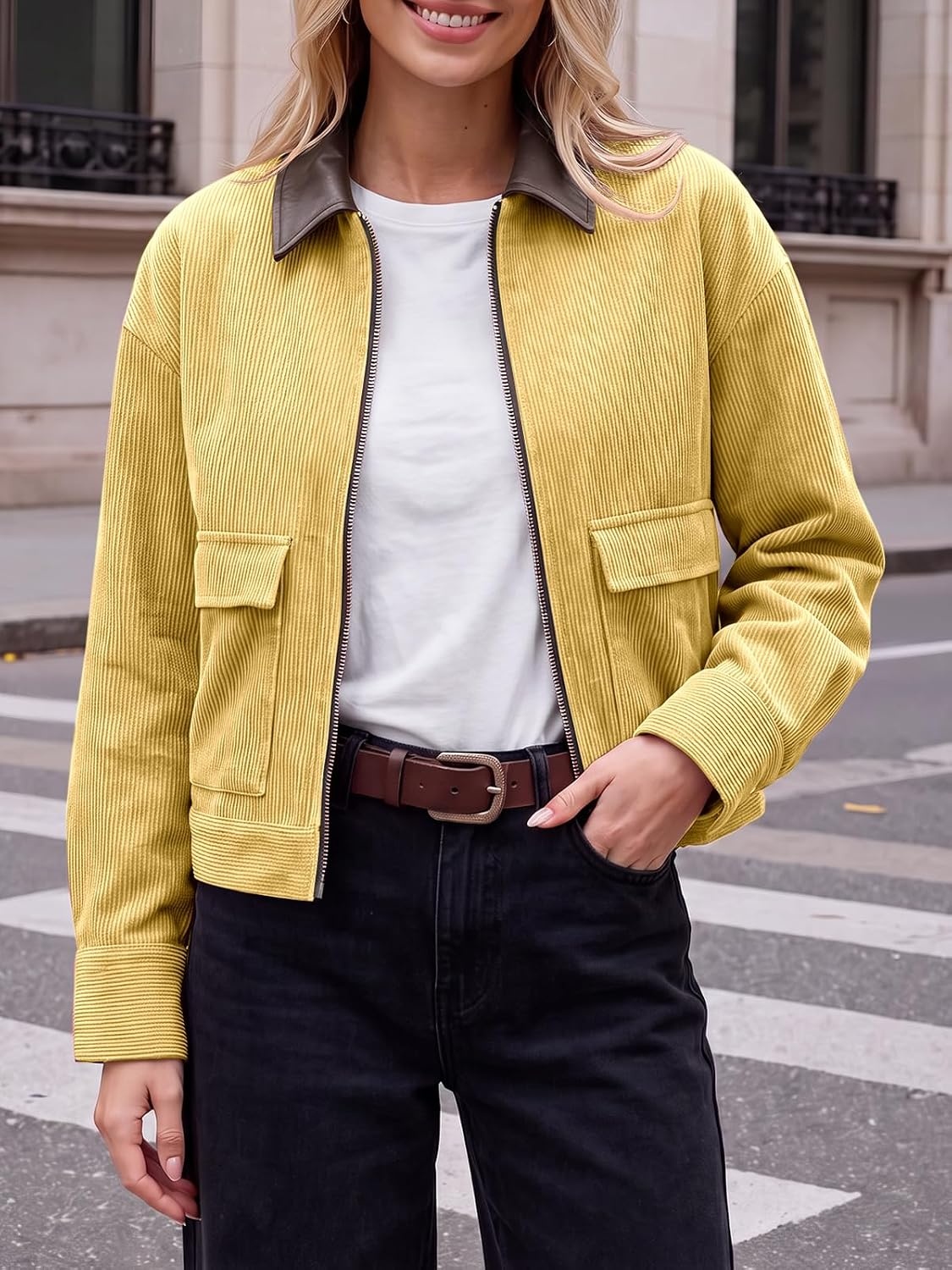 image:imageTankaneo Womens Cropped Corduroy Jackets Oversized Zip Up Barn Bomber CoatYellow