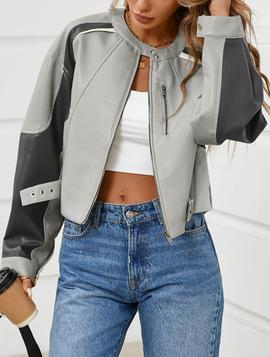 image:imageTankaneo Womens Faux Leather Bomber Jackets Cropped Fall Moto Biker CoatsLight Grey