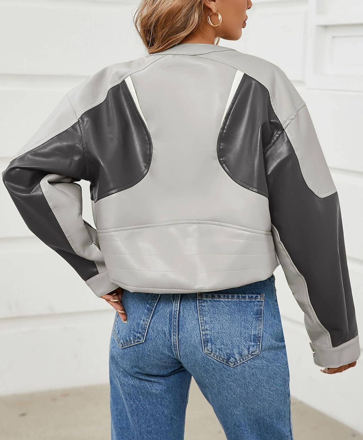 image:imageTankaneo Womens Faux Leather Bomber Jackets Cropped Fall Moto Biker CoatsLight Grey