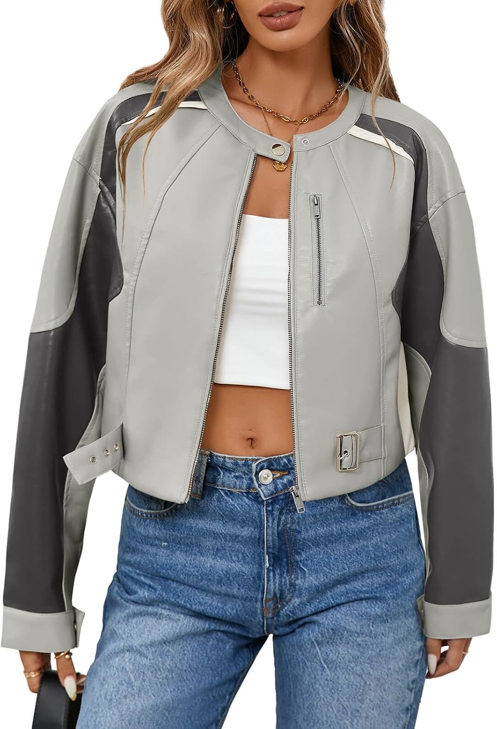 image:imageTankaneo Womens Faux Leather Bomber Jackets Cropped Fall Moto Biker CoatsLight Grey