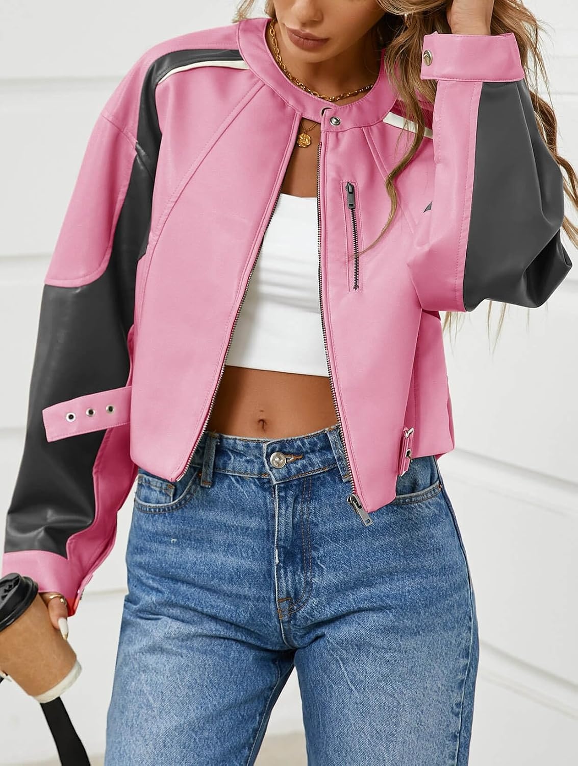 image:imageTankaneo Womens Faux Leather Bomber Jackets Cropped Fall Moto Biker CoatsPink Purple