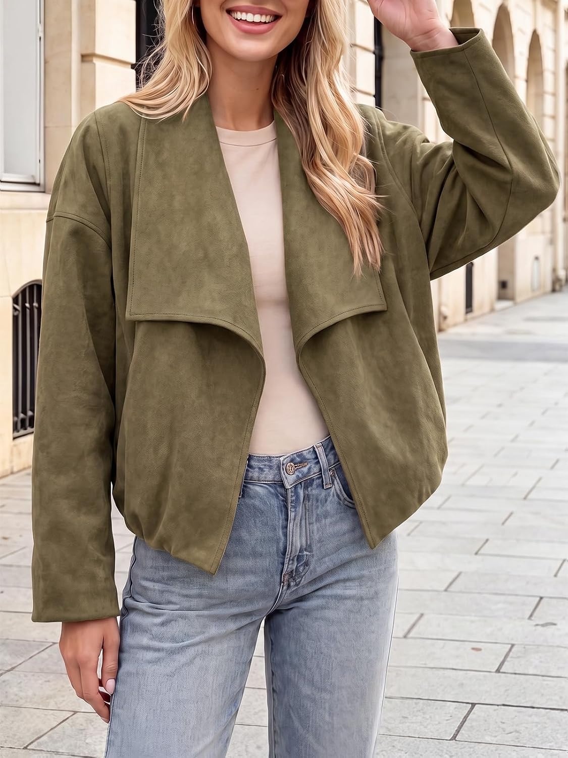 image:imageTankaneo Womens Open Front Faux Suede Jackets Oversized Cropped Lapel CoatsArmy Green