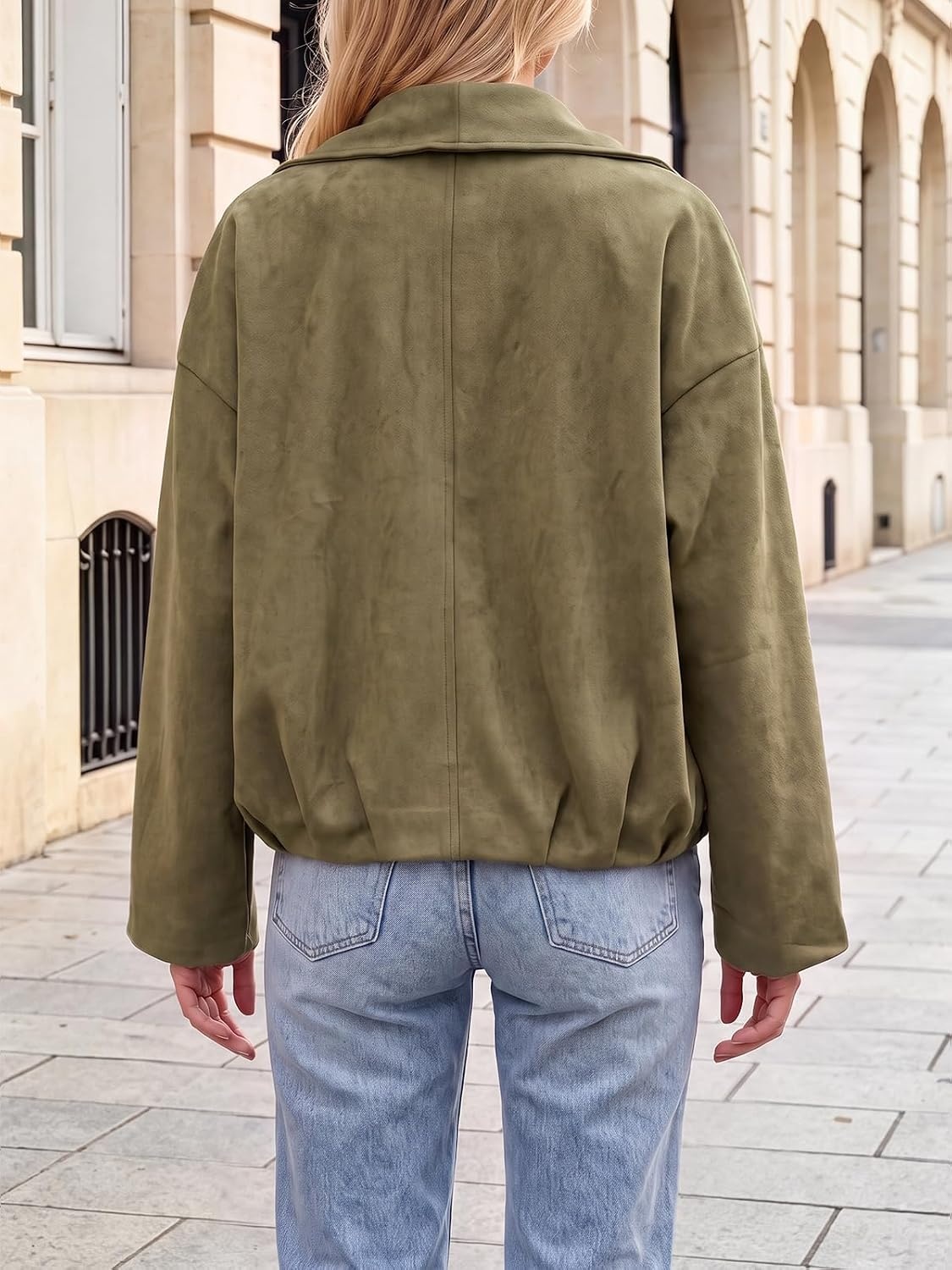 image:imageTankaneo Womens Open Front Faux Suede Jackets Oversized Cropped Lapel CoatsArmy Green