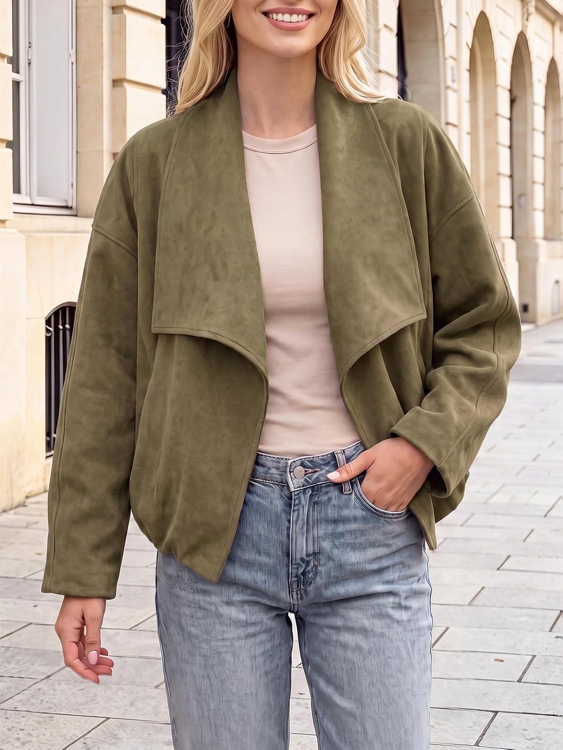 image:imageTankaneo Womens Open Front Faux Suede Jackets Oversized Cropped Lapel CoatsArmy Green