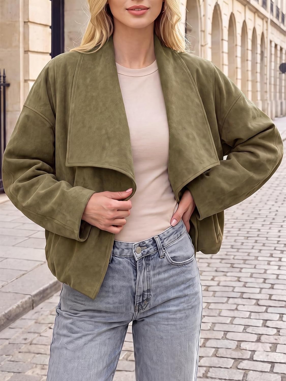 image:imageTankaneo Womens Open Front Faux Suede Jackets Oversized Cropped Lapel CoatsArmy Green
