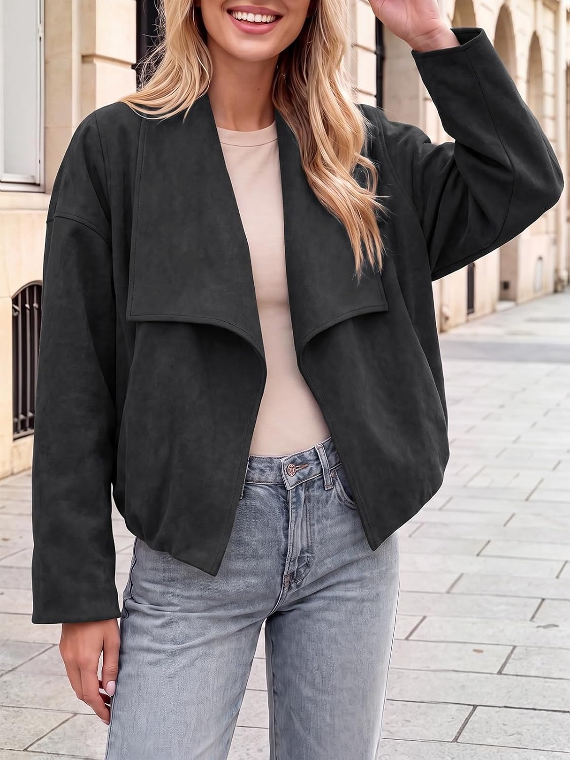image:imageTankaneo Womens Open Front Faux Suede Jackets Oversized Cropped Lapel CoatsBlack