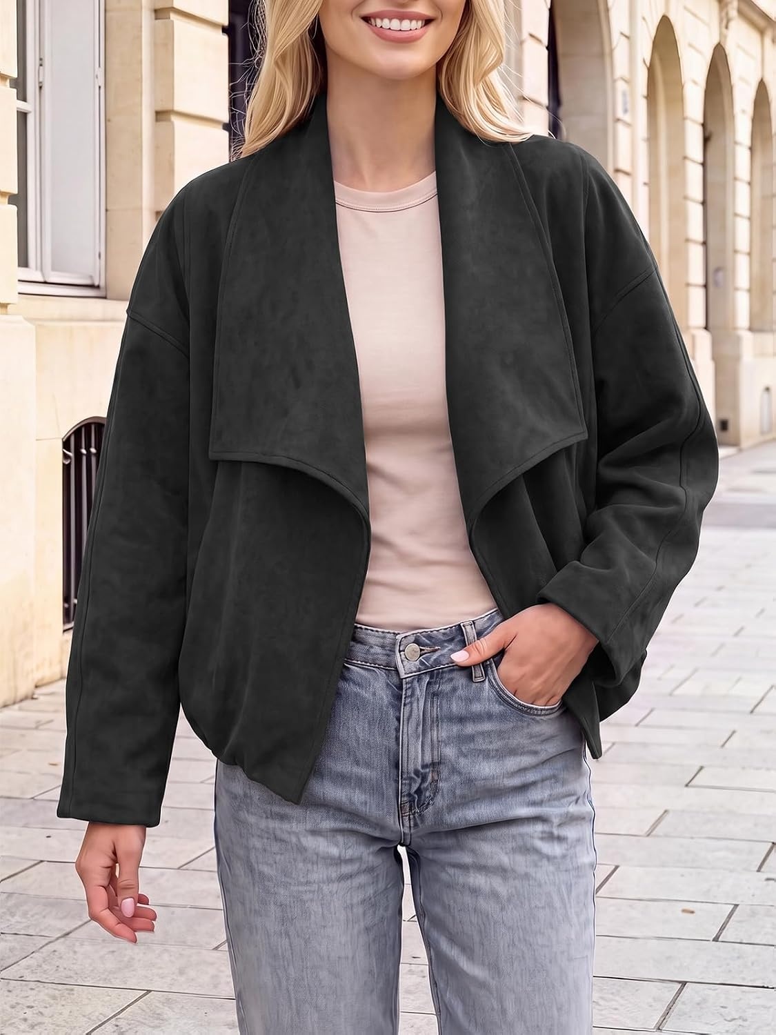 image:imageTankaneo Womens Open Front Faux Suede Jackets Oversized Cropped Lapel CoatsBlack