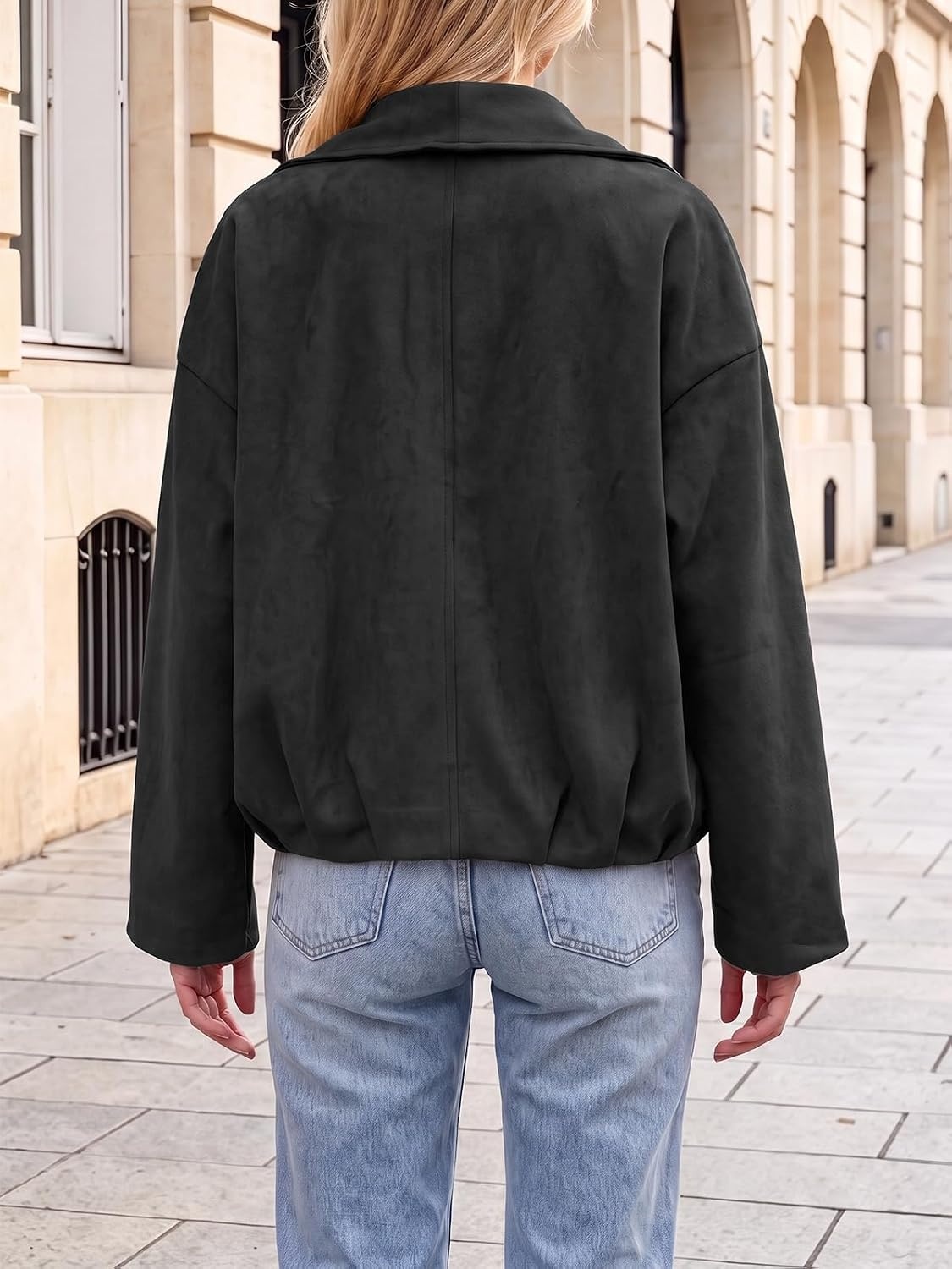 image:imageTankaneo Womens Open Front Faux Suede Jackets Oversized Cropped Lapel CoatsBlack