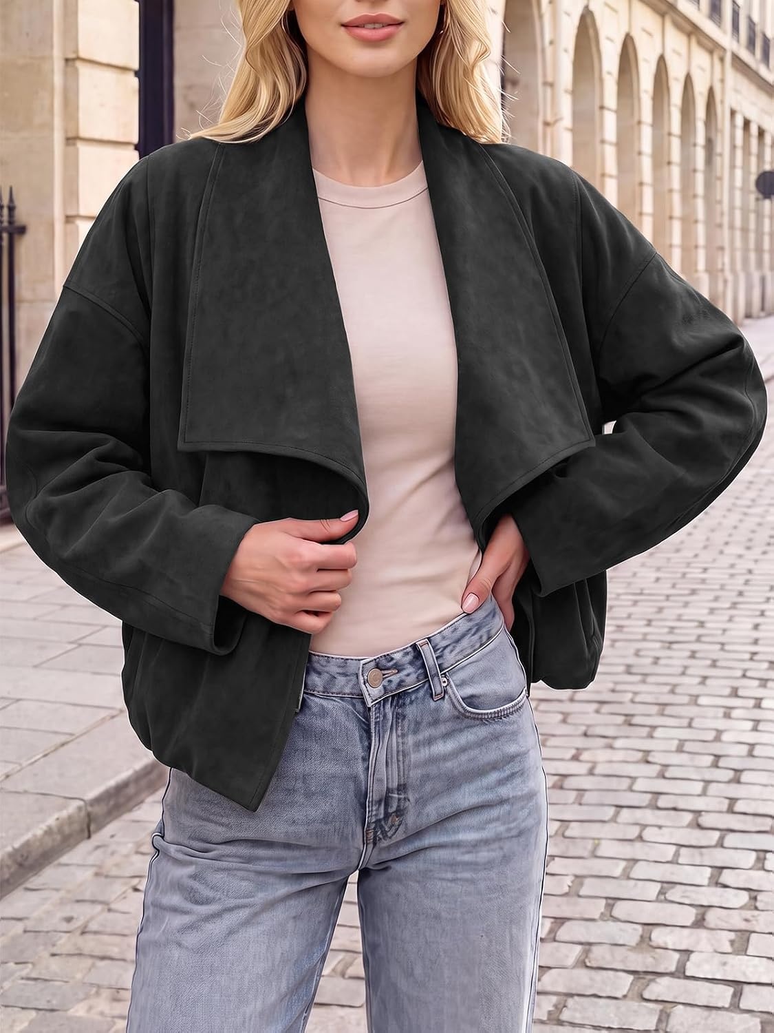 image:imageTankaneo Womens Open Front Faux Suede Jackets Oversized Cropped Lapel CoatsBlack
