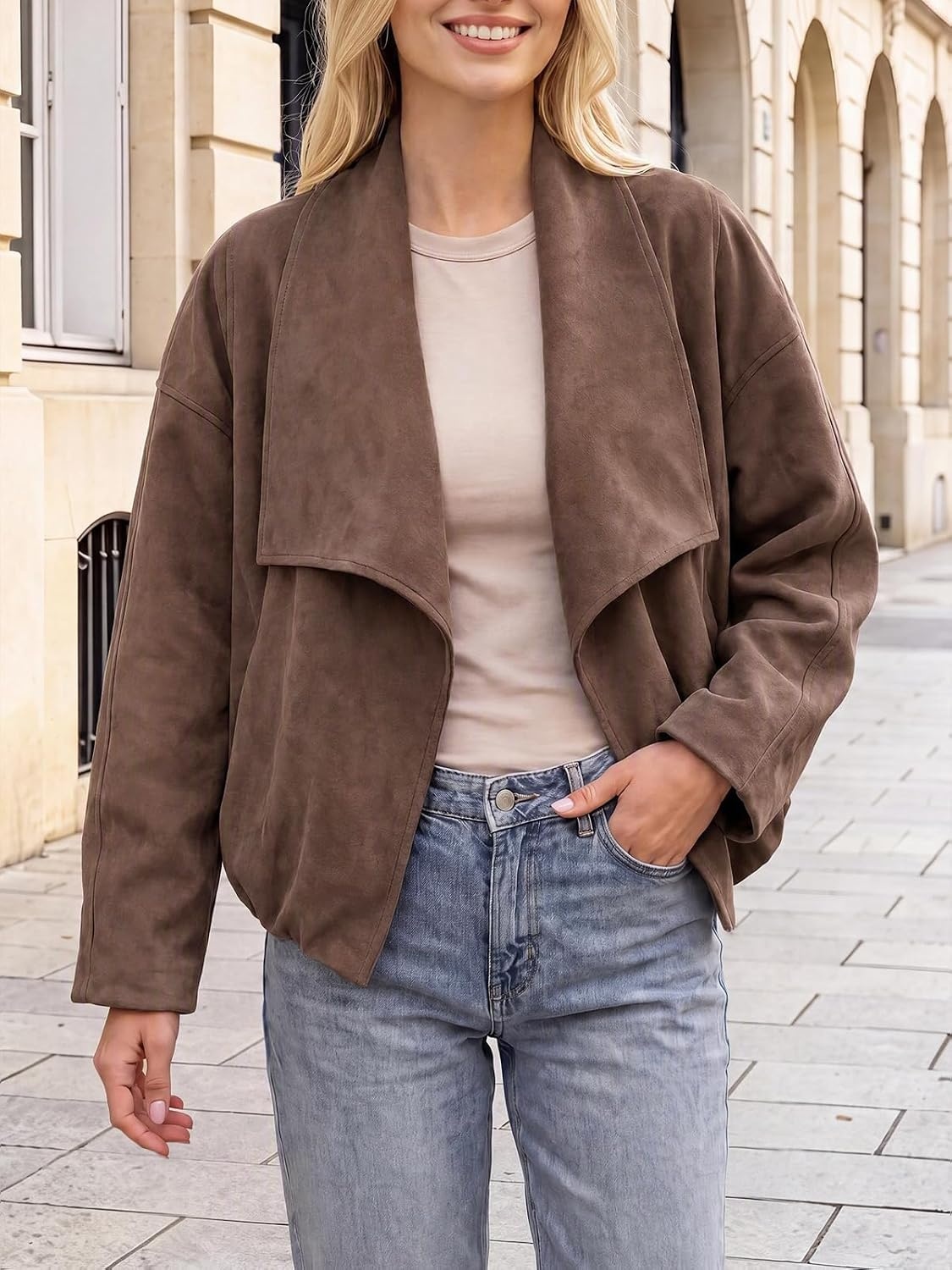 image:imageTankaneo Womens Open Front Faux Suede Jackets Oversized Cropped Lapel CoatsDark Brown