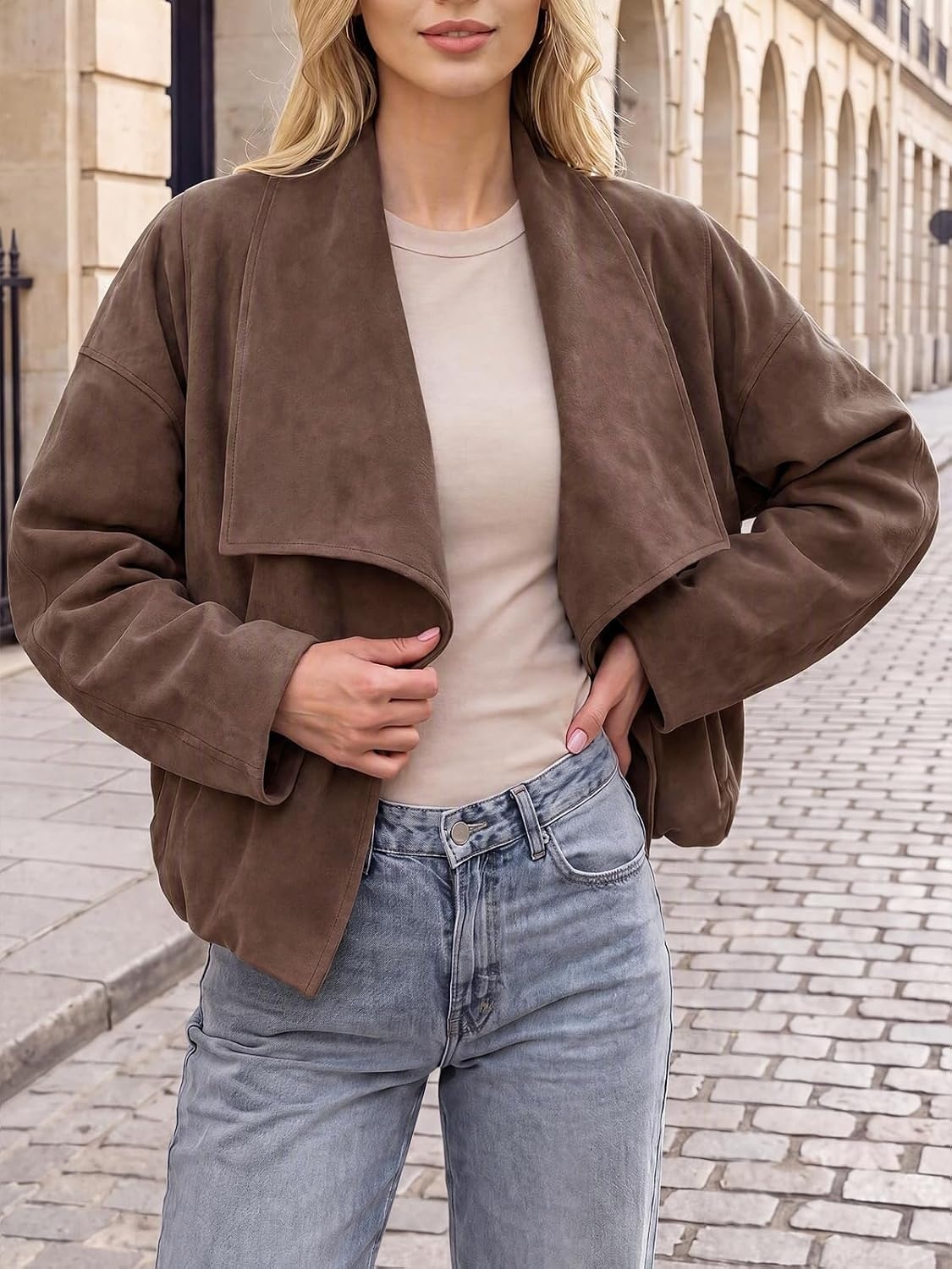 image:imageTankaneo Womens Open Front Faux Suede Jackets Oversized Cropped Lapel CoatsDark Brown