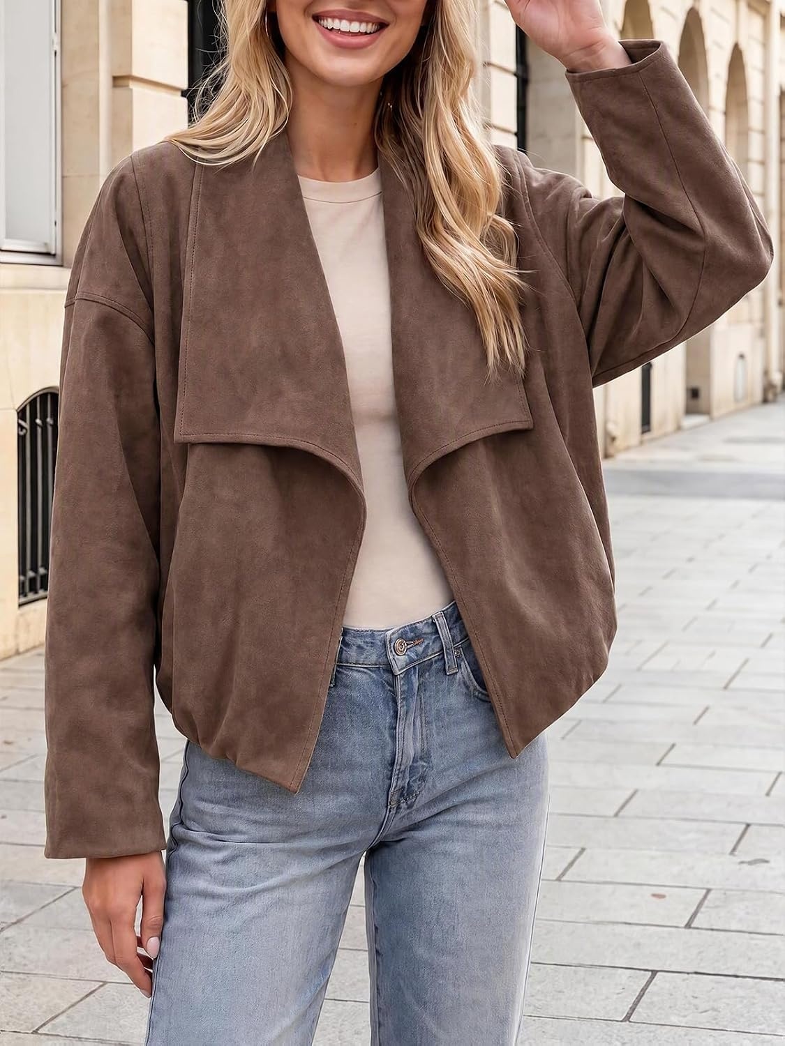 image:imageTankaneo Womens Open Front Faux Suede Jackets Oversized Cropped Lapel CoatsDark Brown