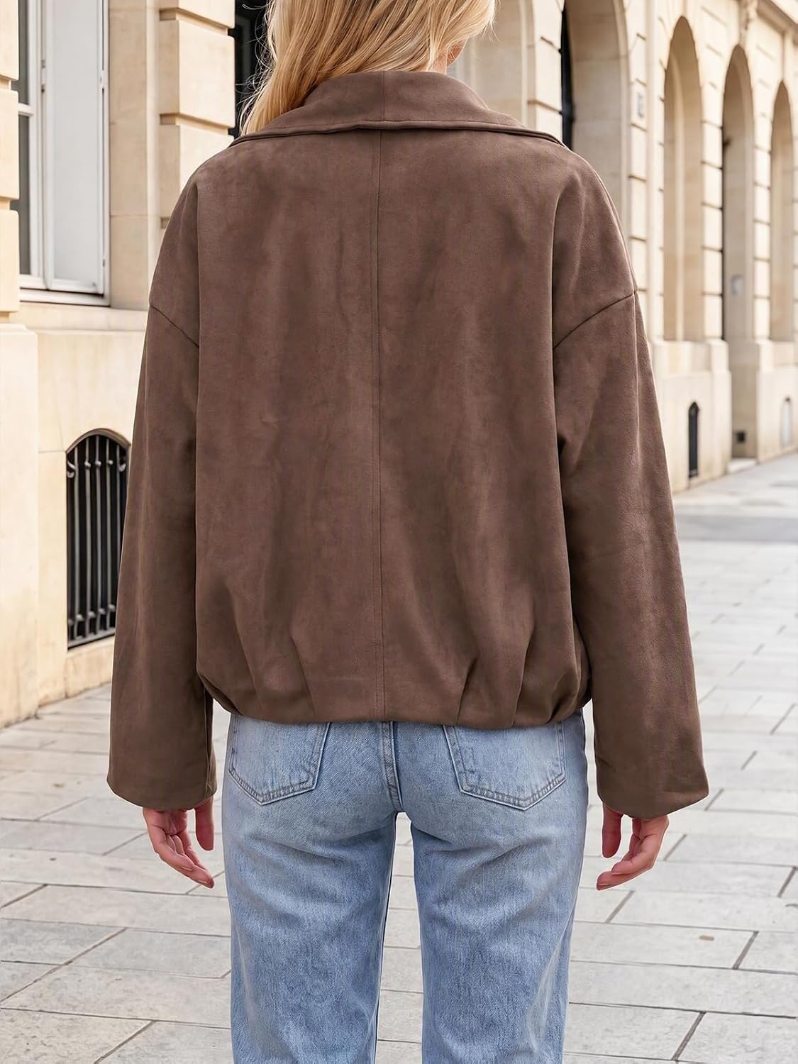 image:imageTankaneo Womens Open Front Faux Suede Jackets Oversized Cropped Lapel CoatsDark Brown