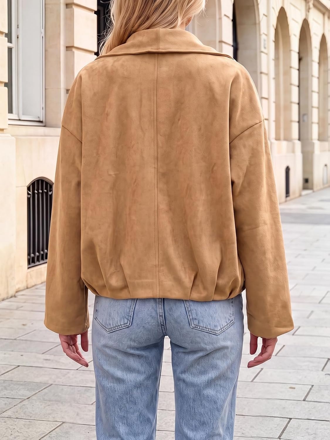 image:imageTankaneo Womens Open Front Faux Suede Jackets Oversized Cropped Lapel CoatsKhaki