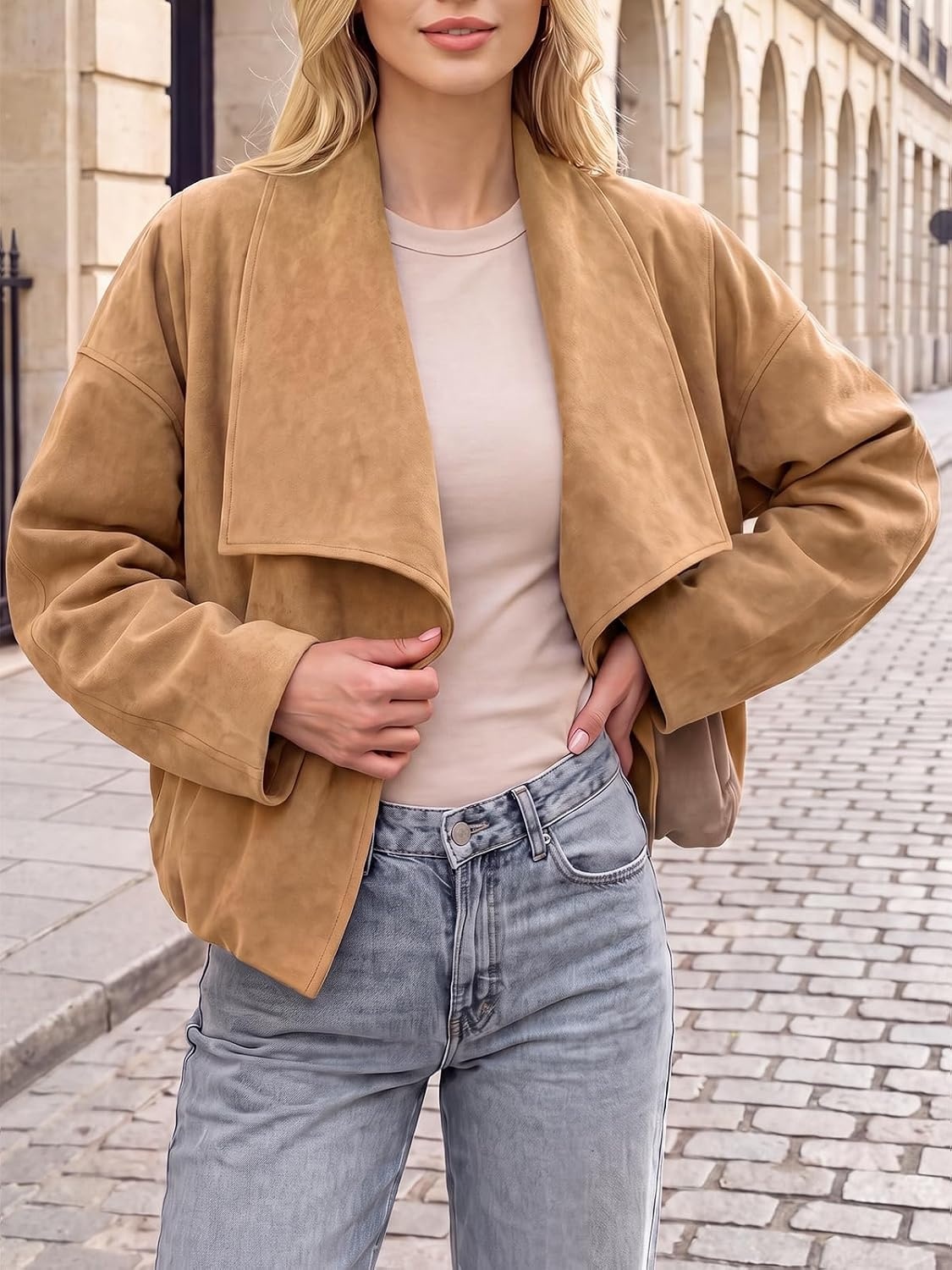image:imageTankaneo Womens Open Front Faux Suede Jackets Oversized Cropped Lapel CoatsKhaki