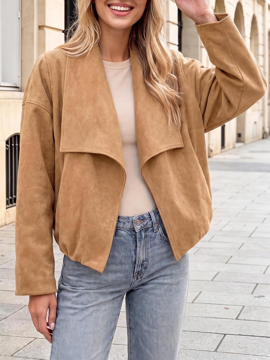 image:imageTankaneo Womens Open Front Faux Suede Jackets Oversized Cropped Lapel CoatsKhaki