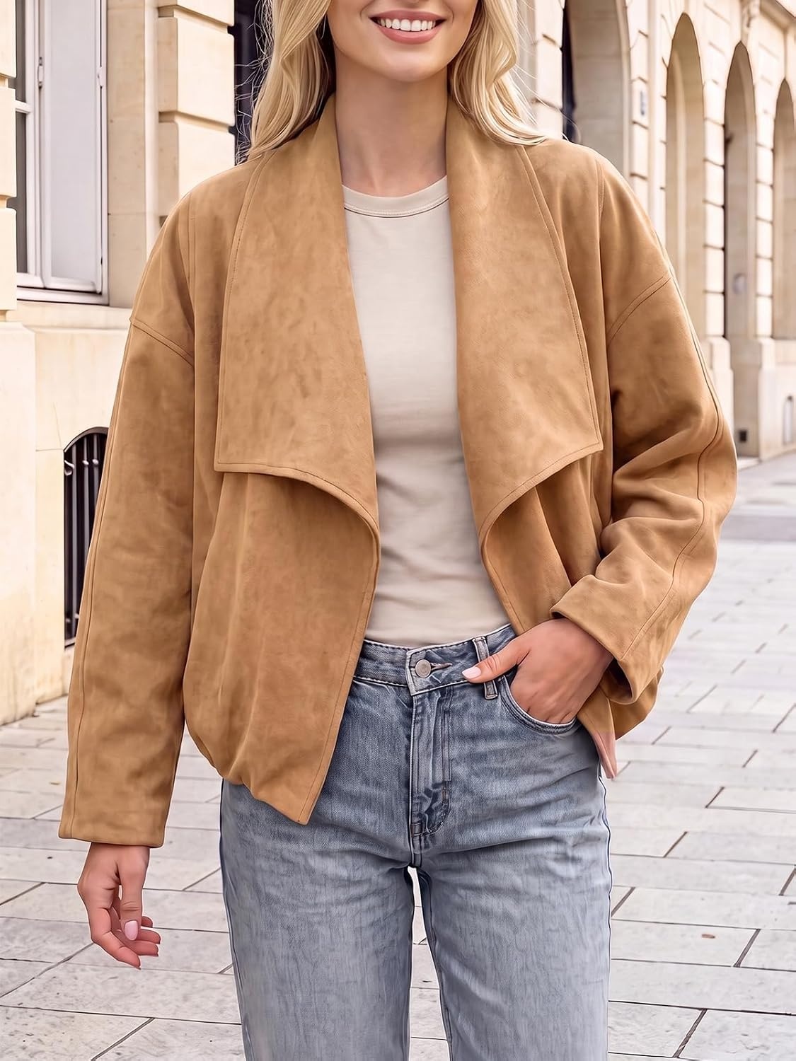 image:imageTankaneo Womens Open Front Faux Suede Jackets Oversized Cropped Lapel CoatsKhaki