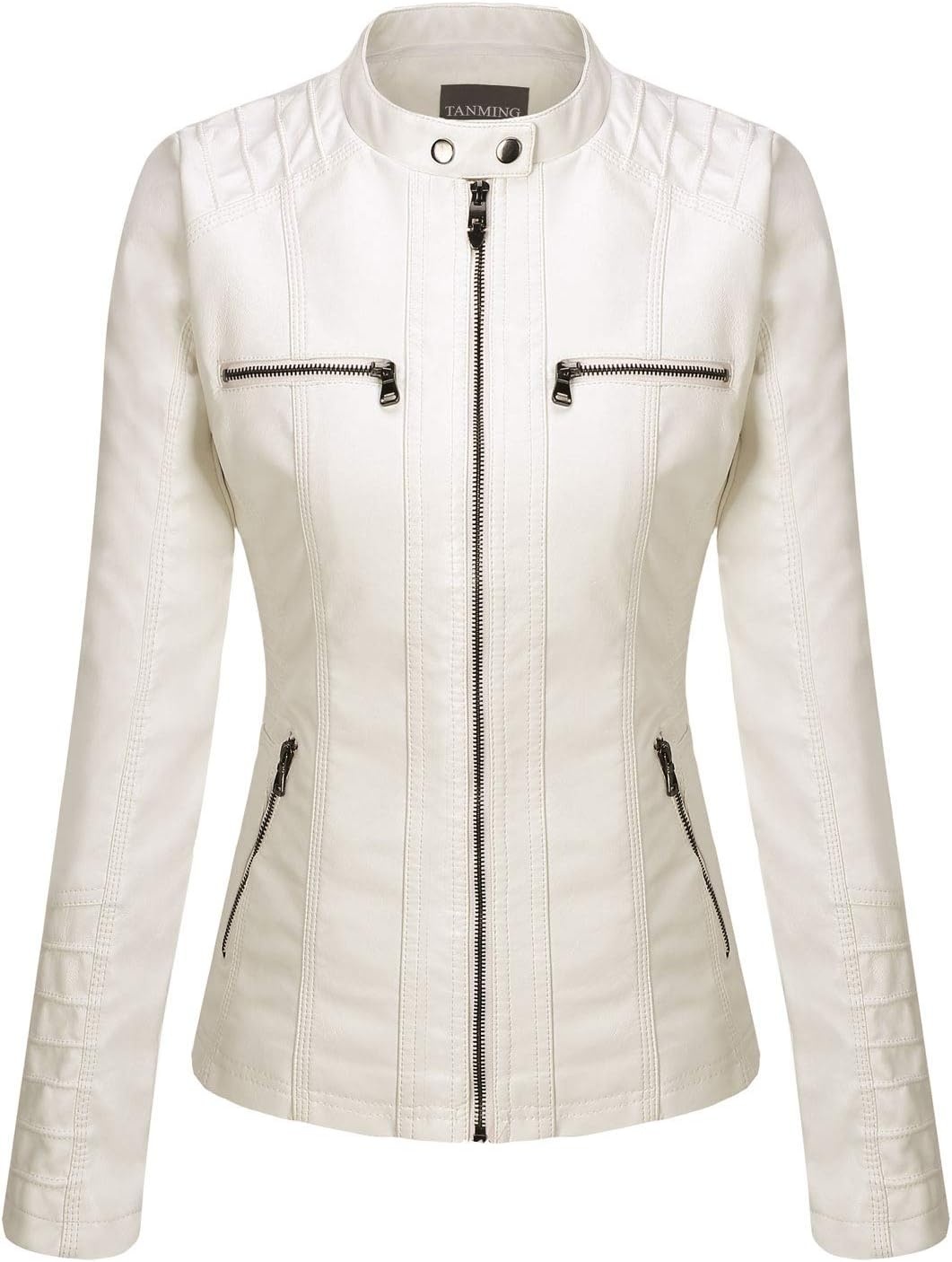 image:imageTanming Faux Leather Jacket Women Hooded Moto Biker CoatCream White