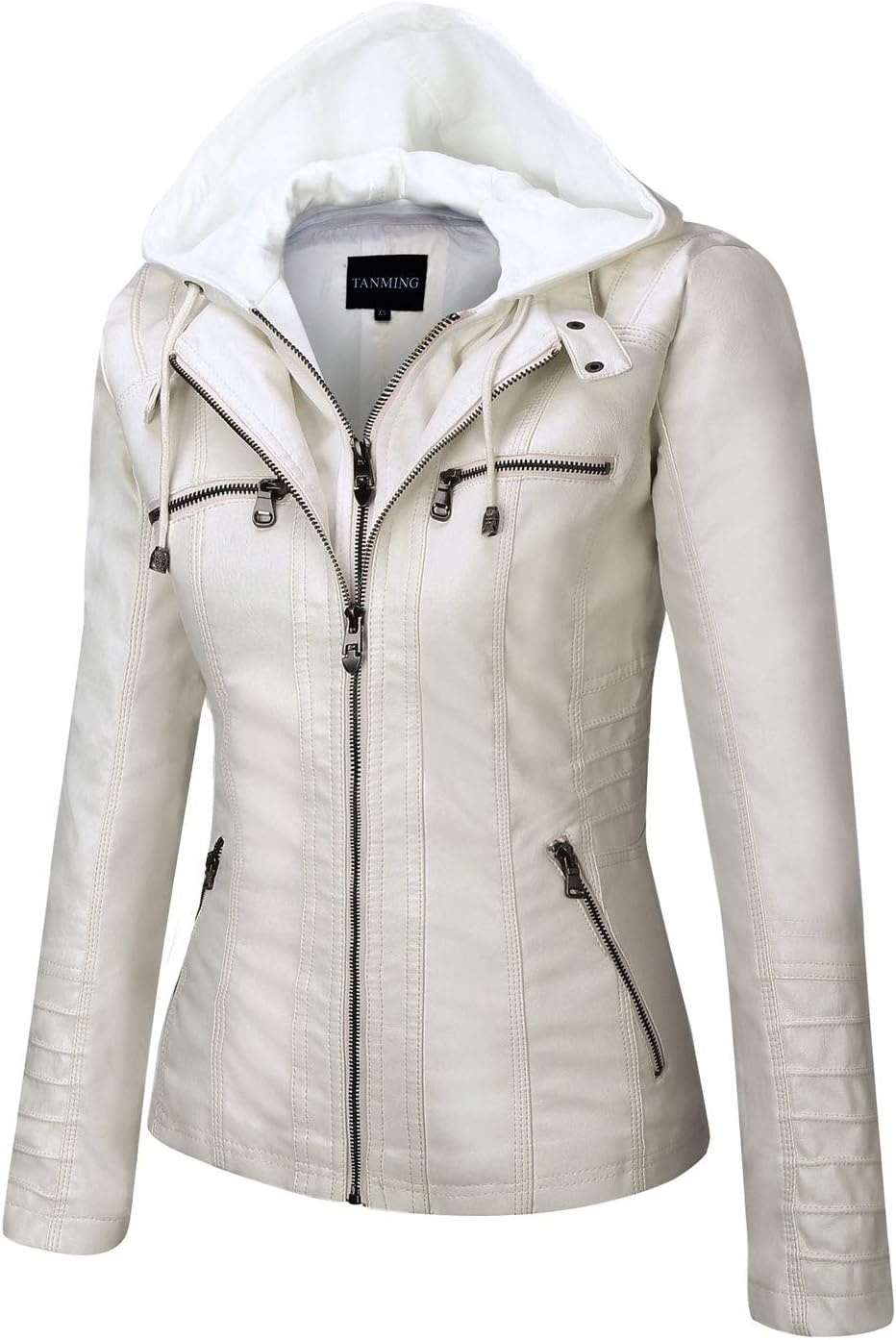 image:imageTanming Faux Leather Jacket Women Hooded Moto Biker CoatCream White