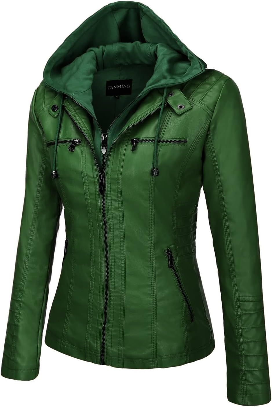 image:imageTanming Faux Leather Jacket Women Hooded Moto Biker CoatGreen