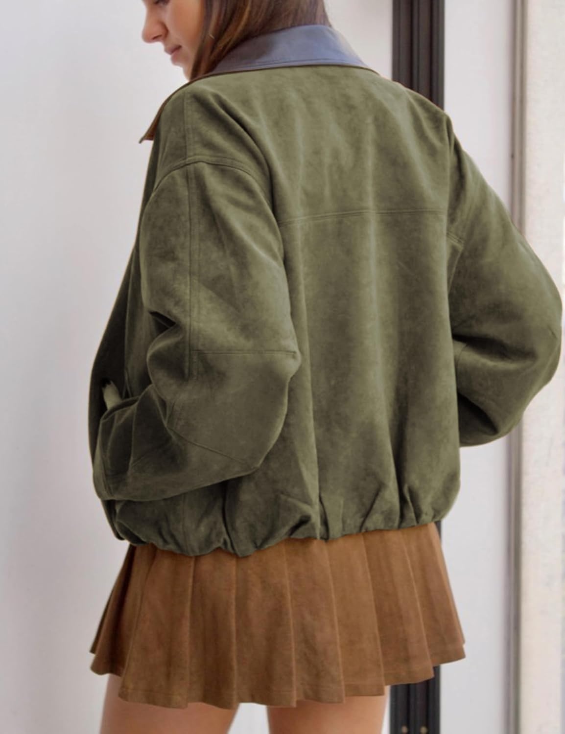 image:imageTanming Womens Faux Suede Leather Jackets Lapel Pilot CoatArmy Green
