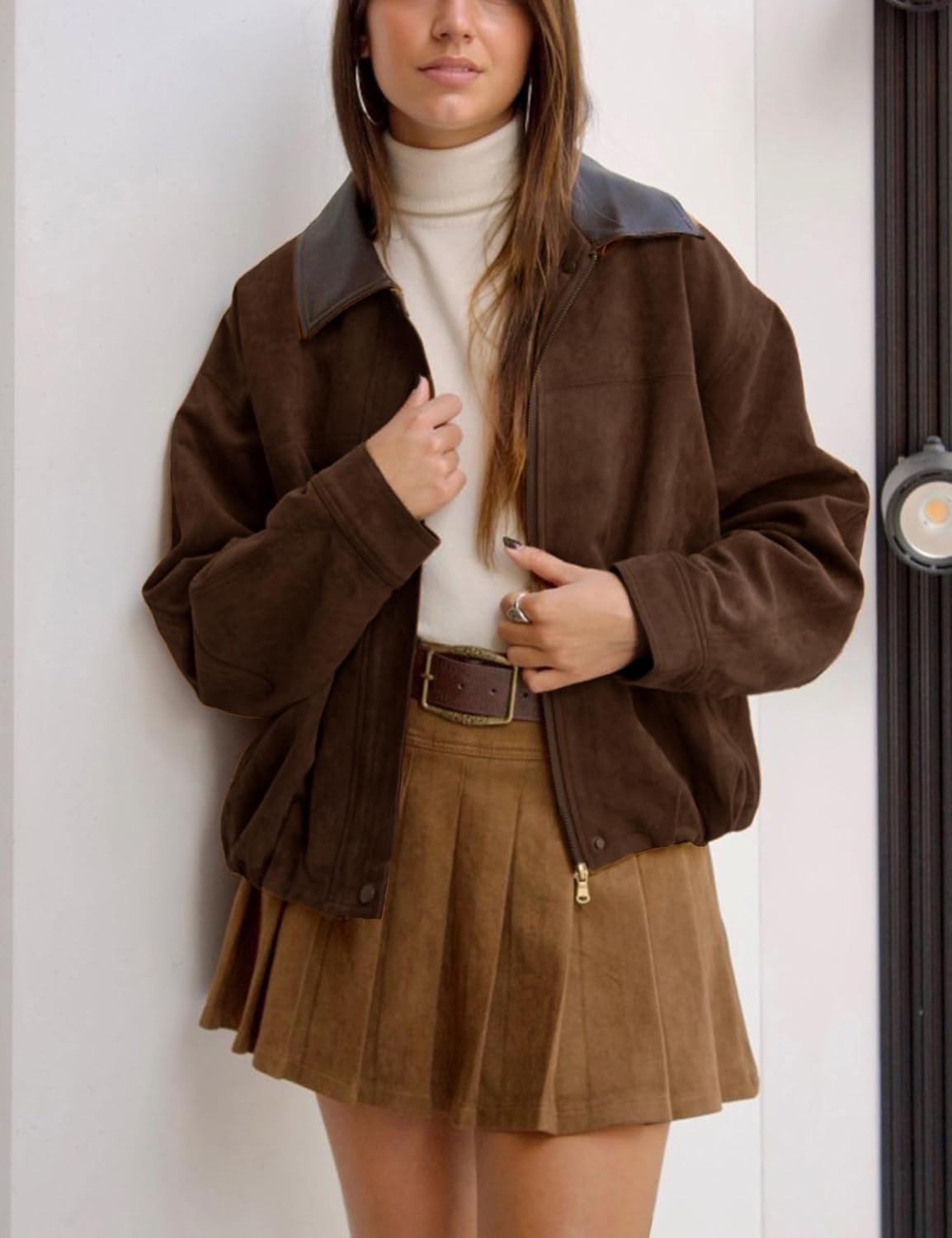 image:imageTanming Womens Faux Suede Leather Jackets Lapel Pilot CoatCoffee